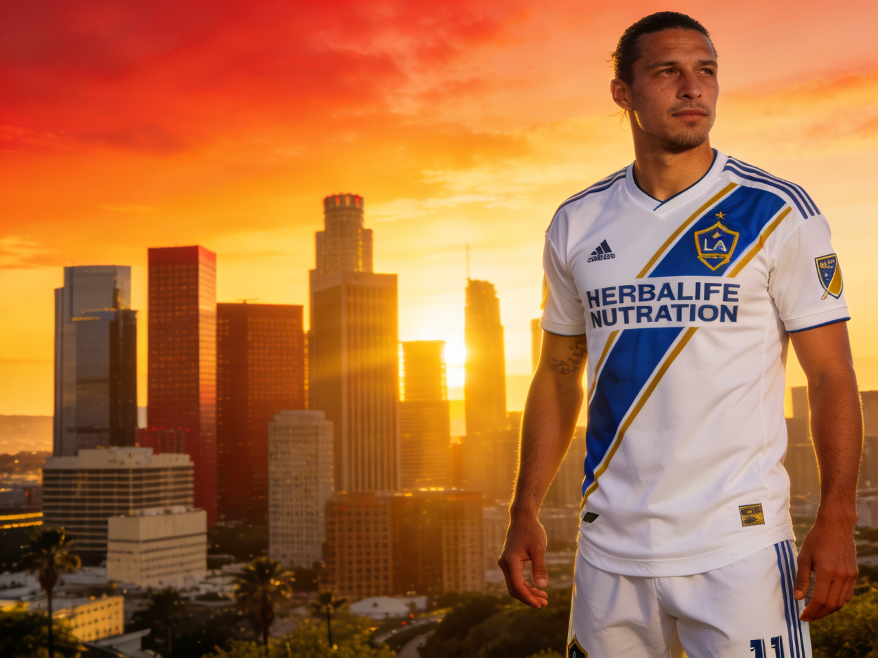 The legendary white LA Galaxy home jersey with a blue and gold sash, photographed in a setting that reflects Hollywood glamour and dynasty.