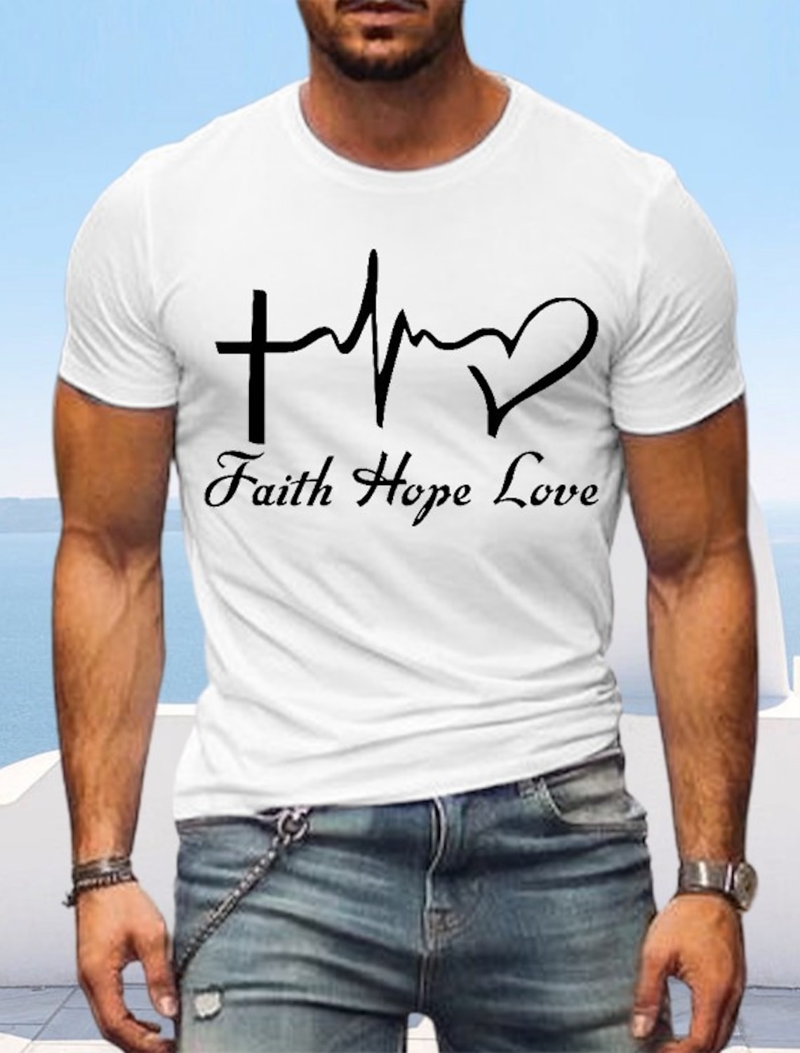 Mens Faith Hope Love T-Shirt, Christian Inspirational Graphic Tee with Heartbeat Cross Design
