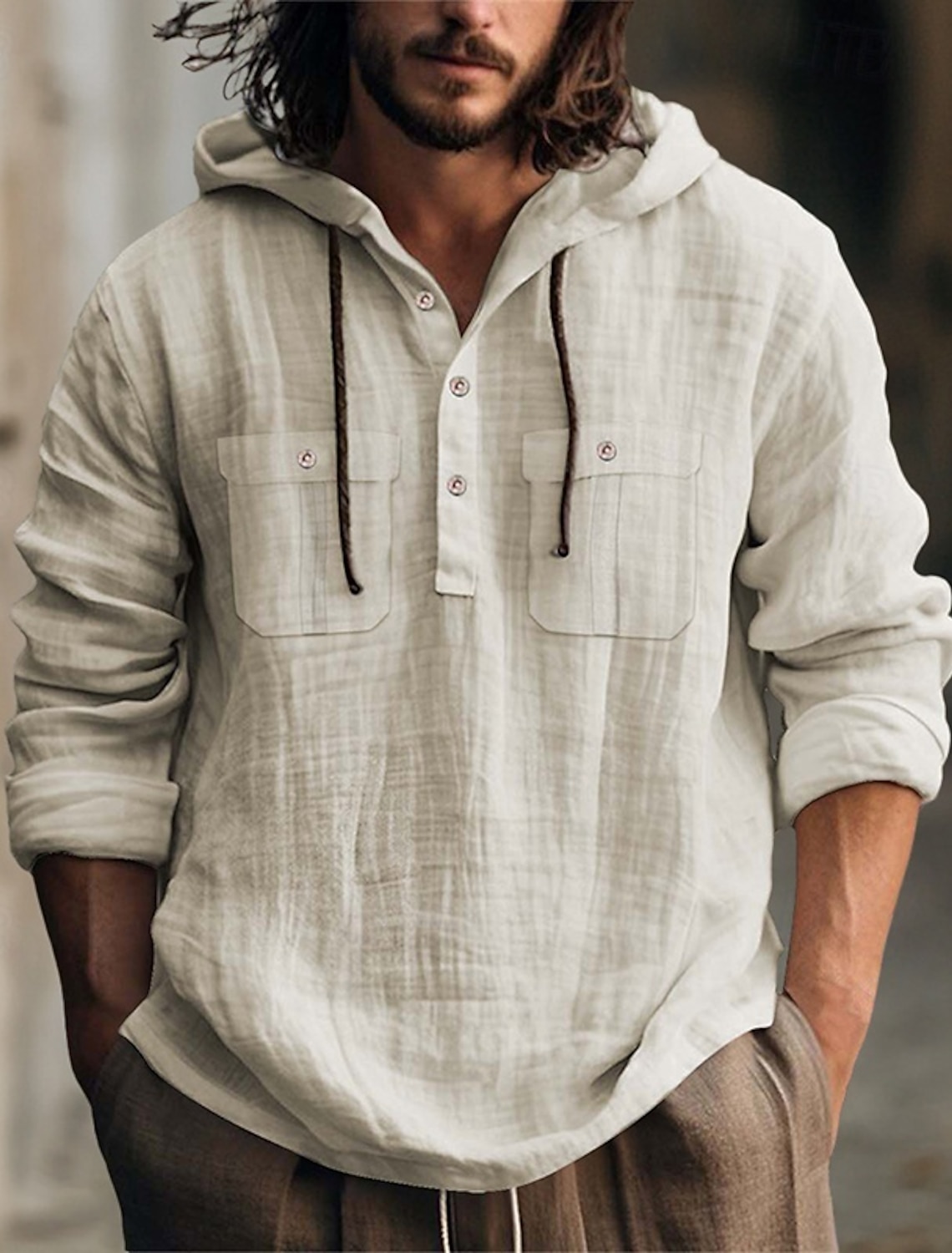 Men's Shirt Linen Shirt Summer Shirt Beach Shirt Hooded Shirt Plain Casual Daily Black White Blue Brown Long Sleeve Hooded Spring & Summer Clothing Apparel