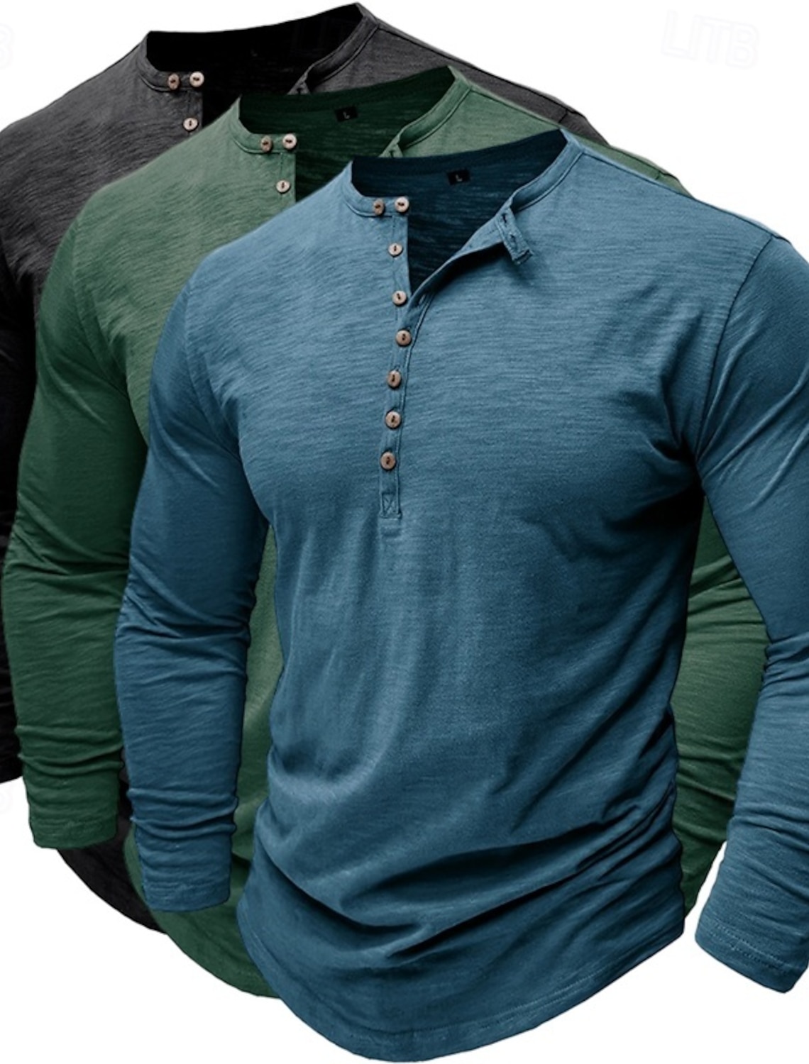 3pcs Men's Henley Shirt Tee Top Long Sleeve Solid Color Fashion Daily
