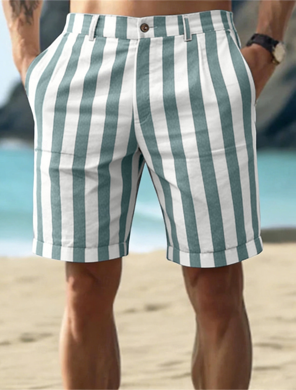 Men's Shorts Linen Shorts Summer Shorts Beach Shorts Pocket Elastic Waist Striped Comfort Breathable Knee Length Outdoor Beach Holiday Vacation Holiday Blue Pink Inelastic