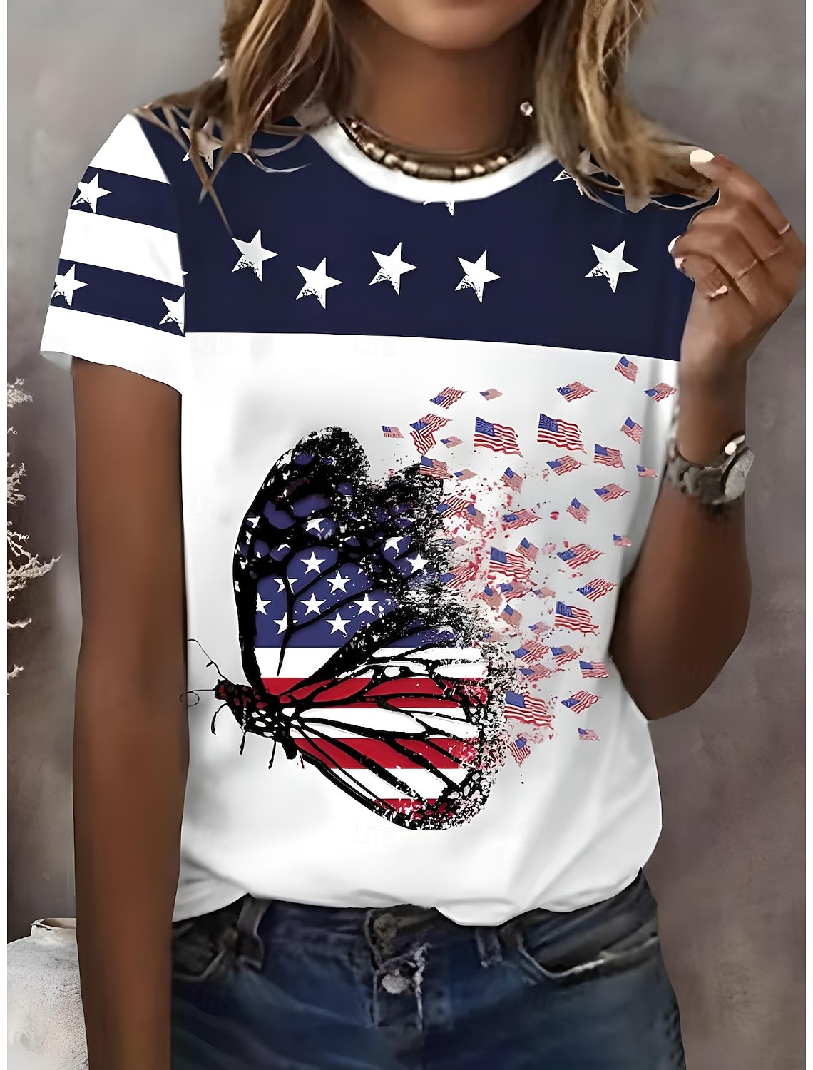 American Independence Day Women's T Shirt Print Graphic American Flag Vintage Fashion Casual Short Sleeve Crew Neck Regular Tops Casual Daily Weekend Red / Blue Summer Spring