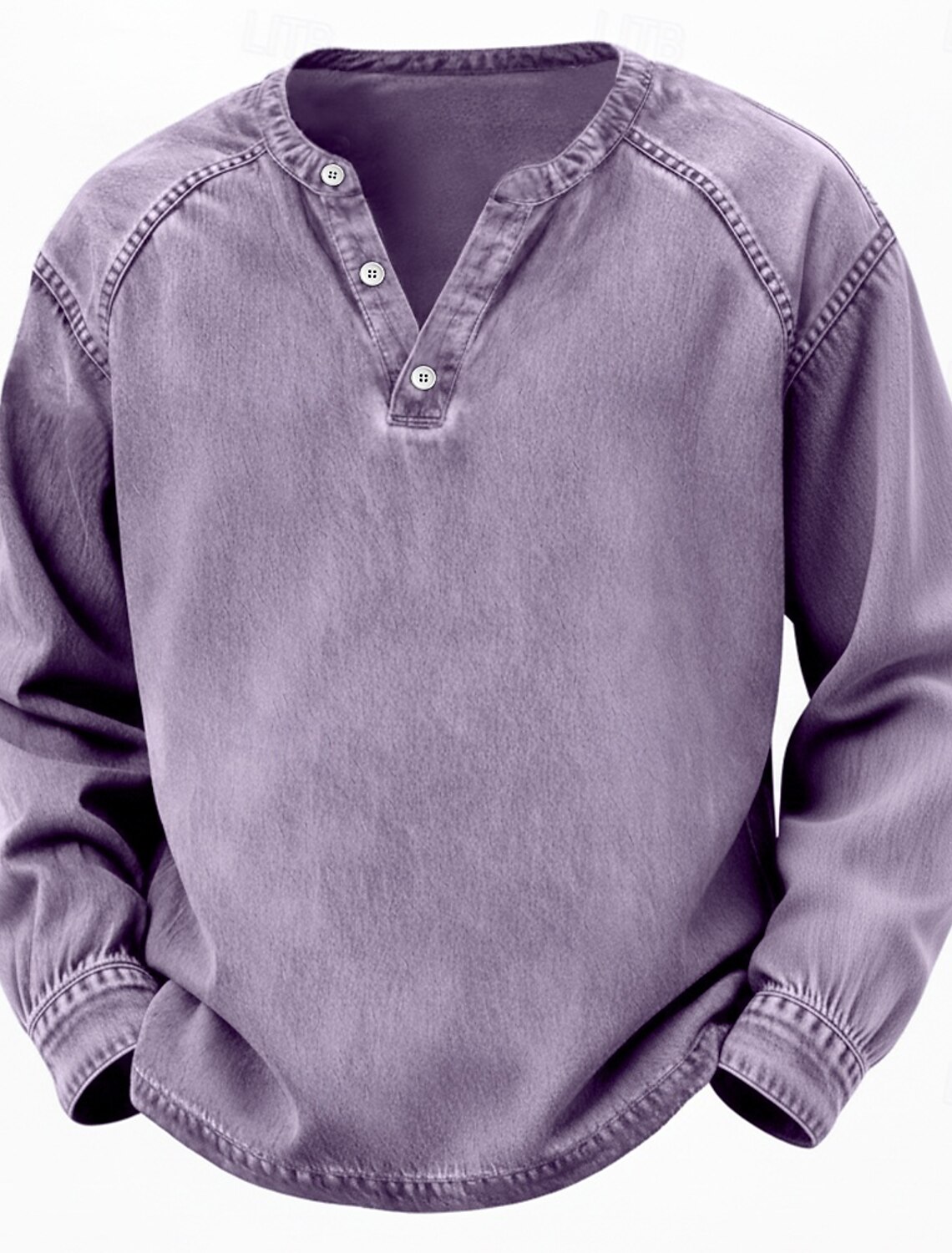 Men's T Shirt Henley 100% Cotton Acid Wash Tee Top Long Sleeve Plai #2