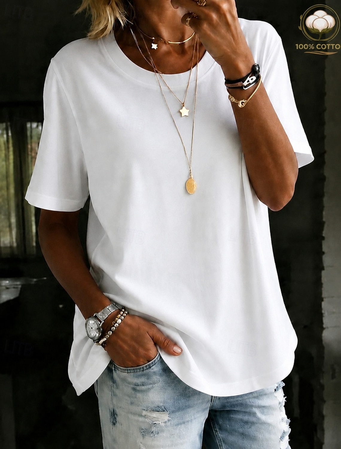 Women's 100% Cotton T-Shirts - Quality Heavy Long Sleeve Crew Neck Tee