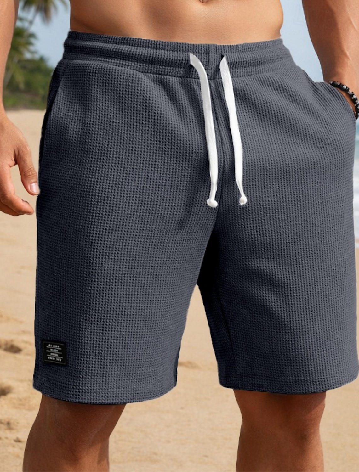 Men's Waffle Shorts Shorts Casual Shorts Pocket Elastic Waist Textured Plain Comfort Breathable Knee Length Casual Outdoor Beach Vacation Fashion Navy Blue Stretchy