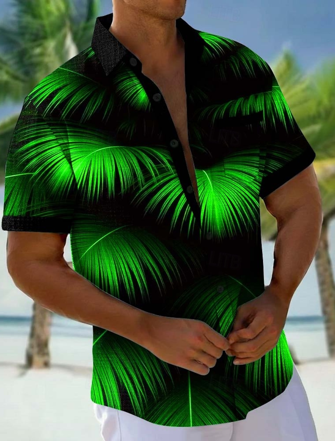 Men's Palm Leaf Tropical Plants Shirt Hawaiian Shirt Aloha Shirt Short Sleeve Hawaiian Vacation Holiday Summer Turndown 3D Print Front One Pocket Linen Like Shirt Blue Purple Green Rose Red