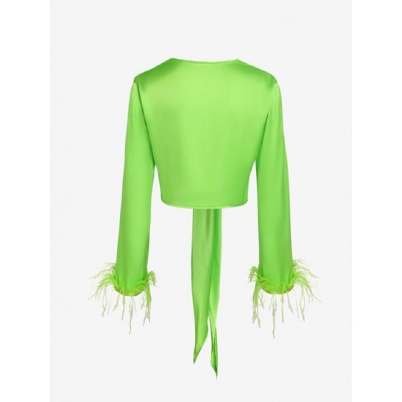 Feather Cuffs Tie Front Slit Crop Blouse LD1795