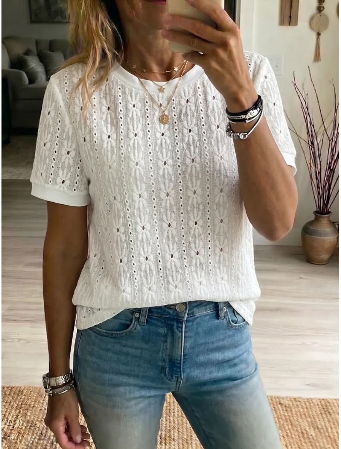 Women's Lace Tops Elegant Bohemia Fashion Short Sleeve Crew Neck Regular Tops Casual Daily Going out White Summer Spring