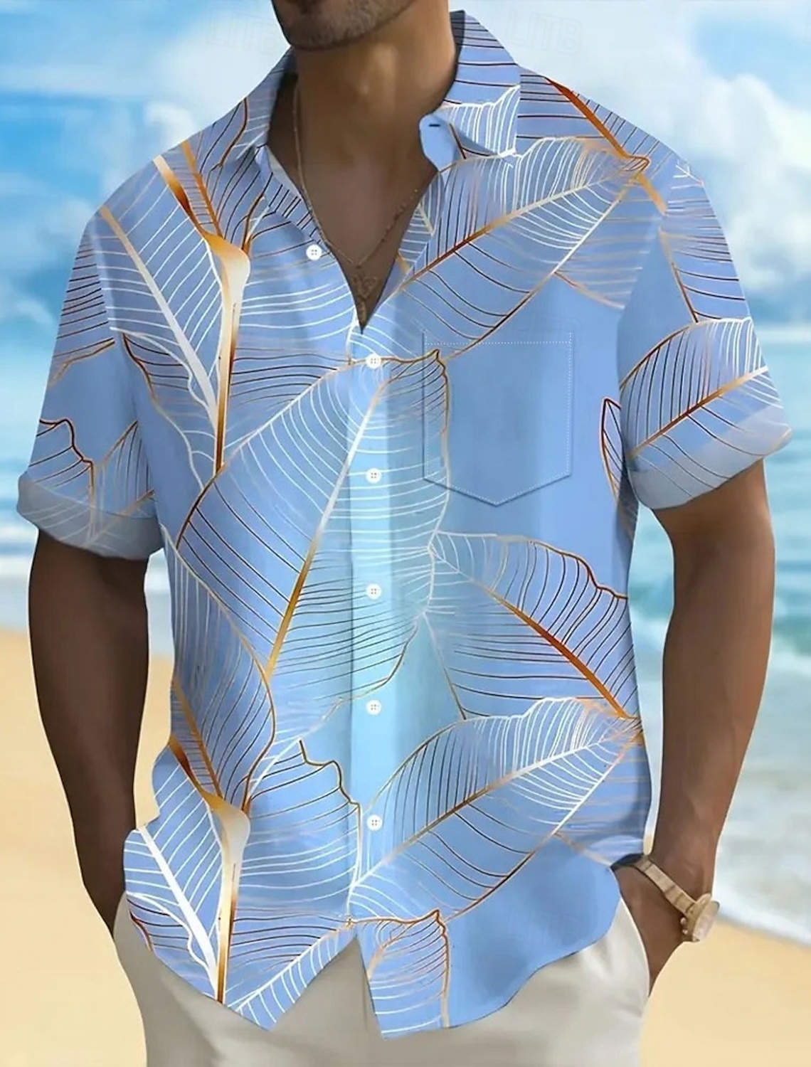 OUKU Men's Palm Leaf Tropical Plants Summer Hawaiian Shirt Button Up