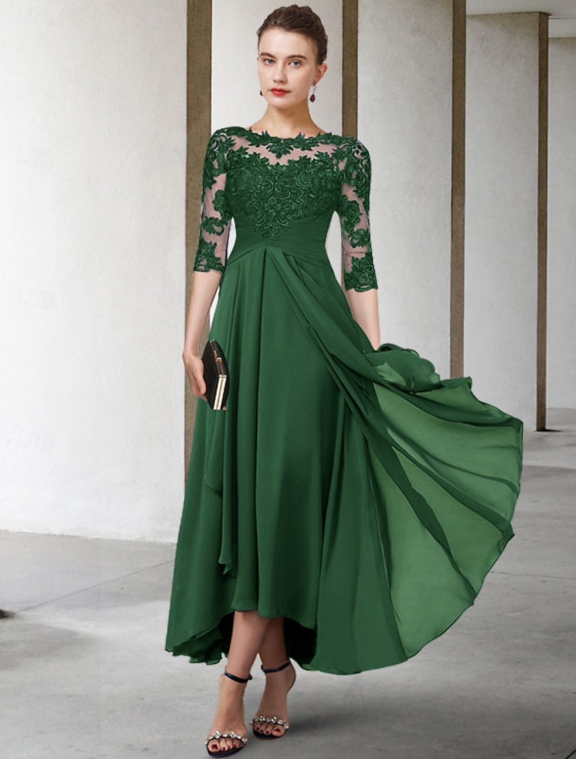 A-Line Asymmetrical Tea Length Party Dress Cocktail Dress Wedding Guest Dress Mother of the Bride Dress Half Sleeve Jewel Neck Elegant Plus Size High Low Wedding Guest Wedding Party Chiffon Lace with