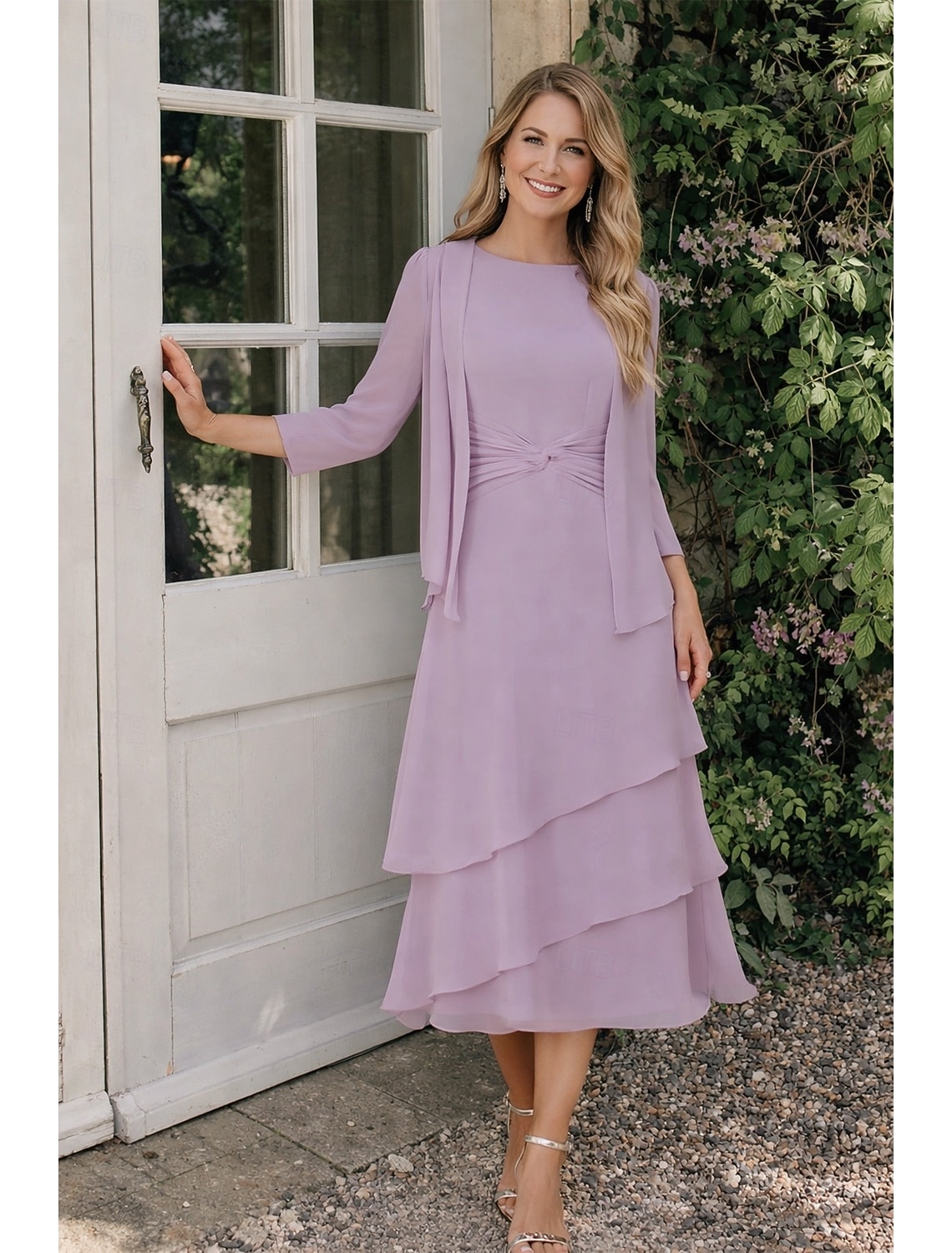 Two Piece Sheath Column Tea Length Wedding Guest Dress Mother of the Bride Dress 3/4 Length Sleeve Crew Neck Jewel Neck Elegant Wedding Guest Chiffon Wrap Included with Ruching
