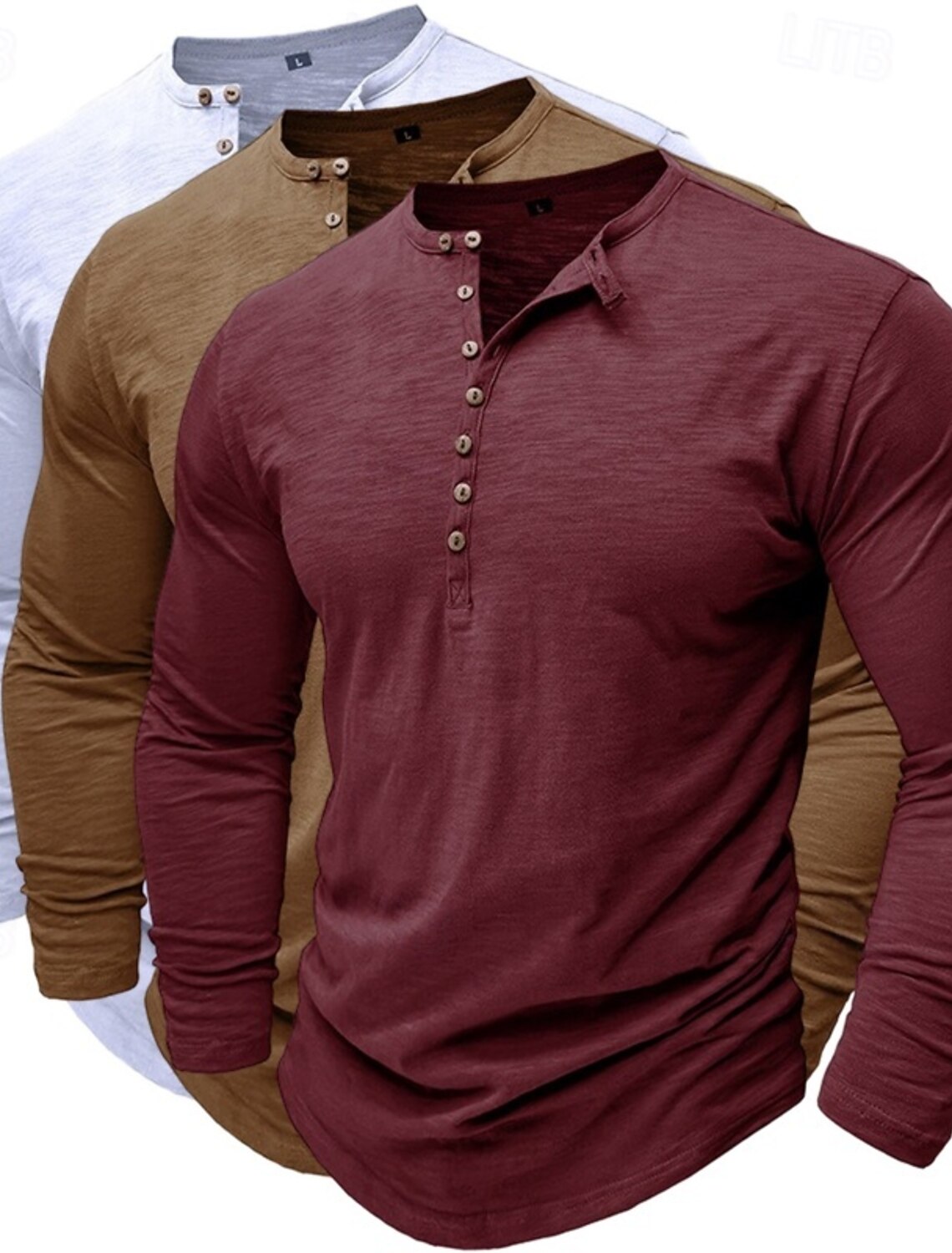 3pcs Men's Henley Shirt Tee Top Long Sleeve Solid Color Fashion Daily