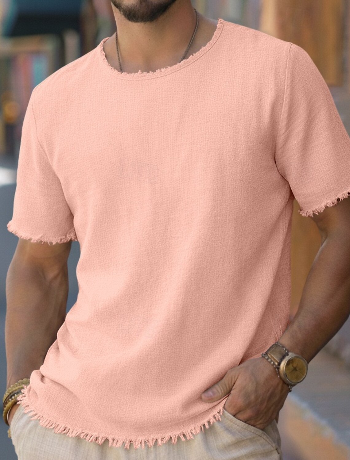 Men's Tee Top Linen T-Shirt Short Sleeves Crew Neck Round Summer Plain