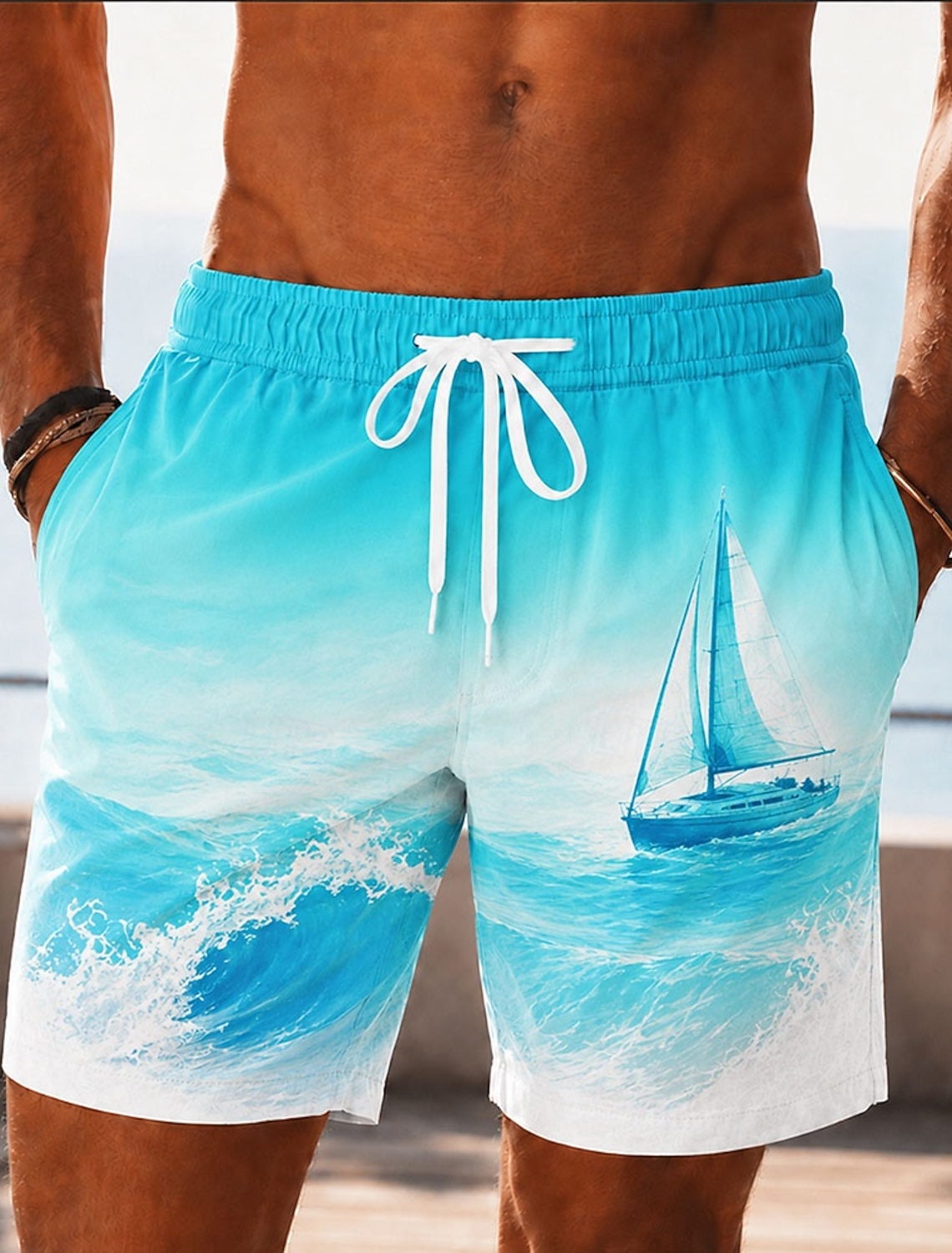 Men's Sailboat Ocean Waves Swim Trunks Bathing Suits Swim Shorts Board Shorts Mid Waist Hawaiian Daily Beach Vacation Wear Side Pockets Mesh Lining Elastic Drawstring Waist Designer Clothing Apparel