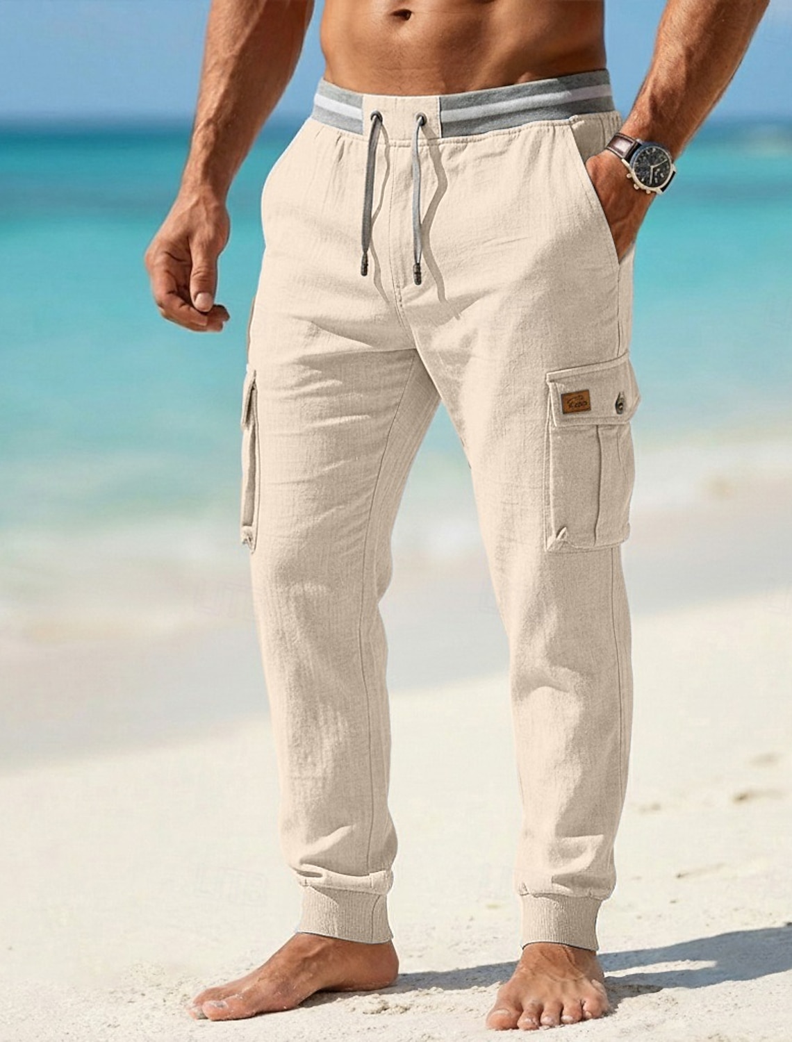 Men's Linen Pants Summer Pants Baggy Pants Drawstring Elastic Waist Plain Comfort Breathable Full Length Casual Daily Outdoor Vacation Fashion Blue Black Stretchy