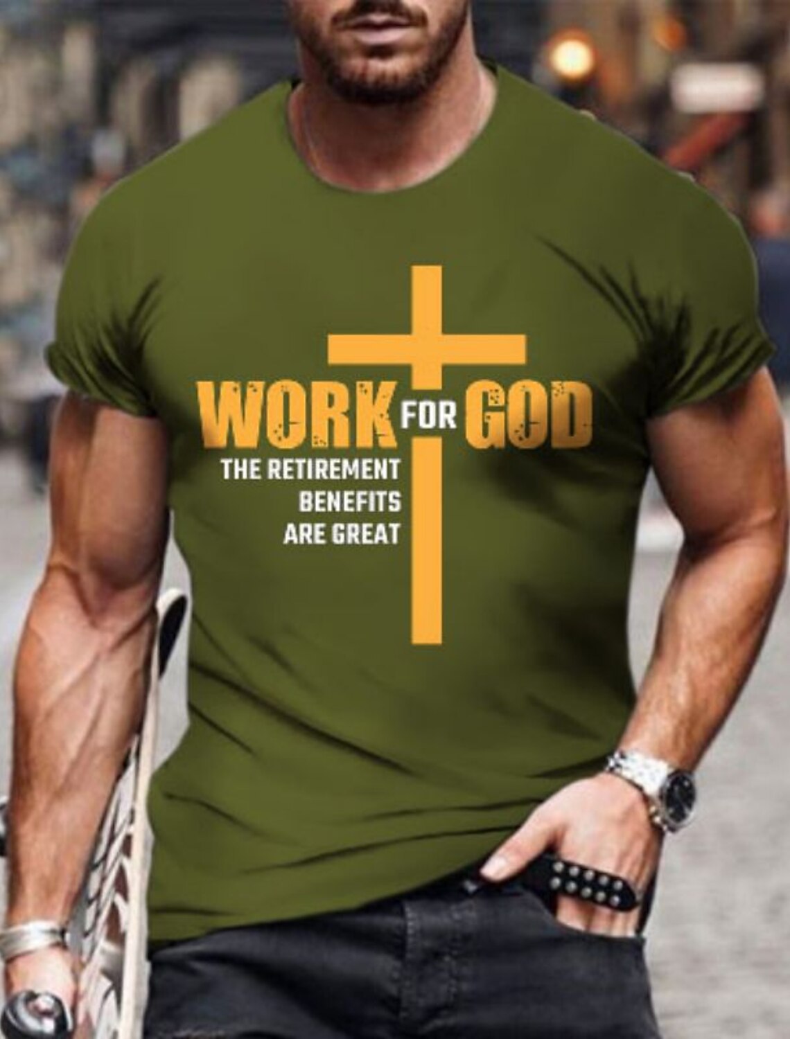 Mens Funny Graphic T-Shirt: Work For God The Retirement Benefits Are
