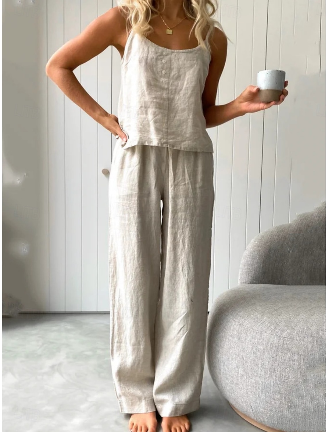 Women's Cotton Linen Sets Two Piece Sets Camis Sleeveless Crew Neck Plain Fashion Streetwear Casual Daily Outdoor Blue White Light Grey Summer Regular Fit