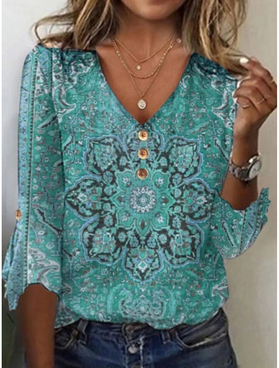 Women's T Shirt Tee Top Print Floral Graphic Bohemia Vintage Long Sleeve V Neck Regular Tops Daily Going out Weekend Blue White Red Navy Blue Dusty Blue Summer Spring