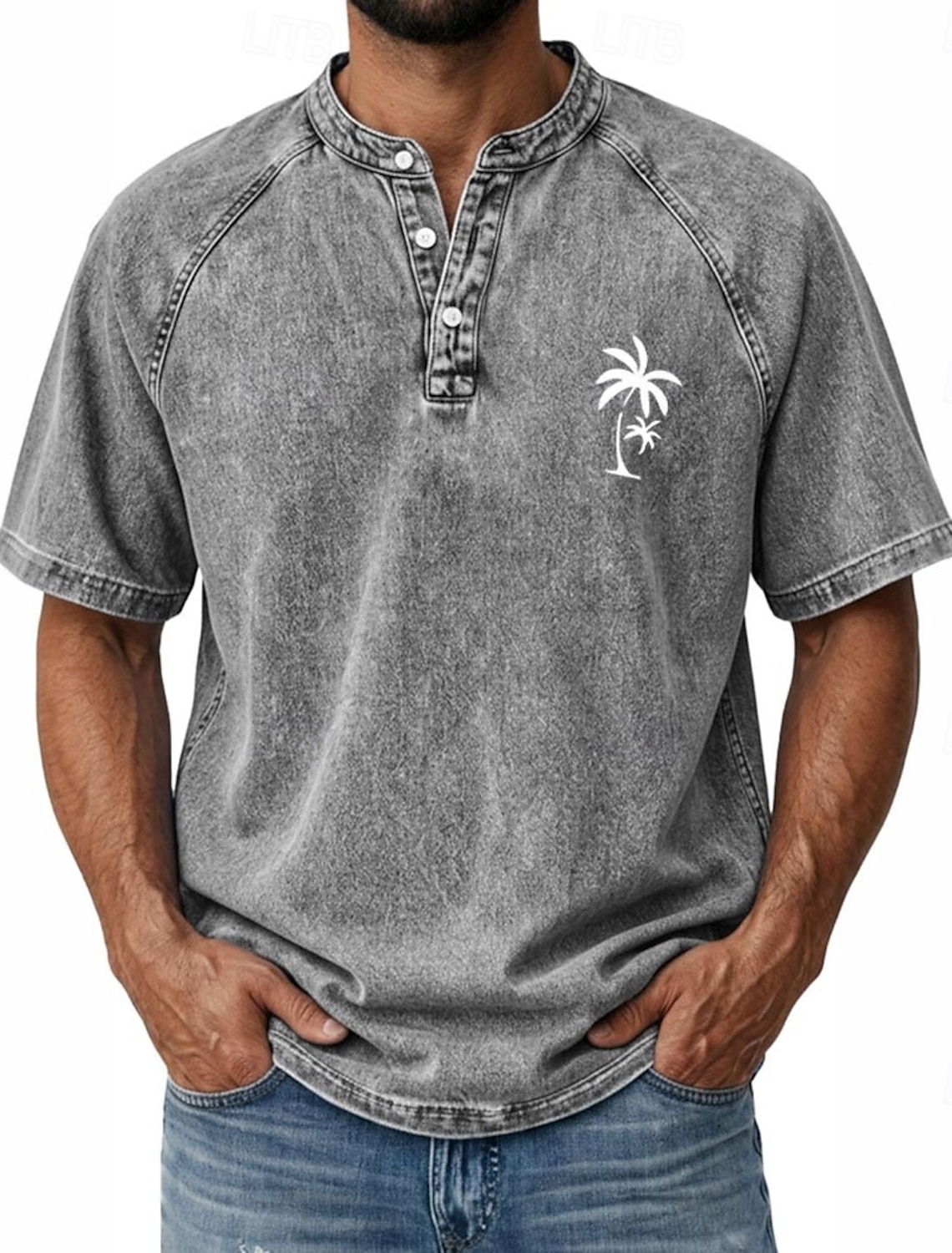 SoftFade™ Men's Coconut Tree T Shirt Demin Shirt 100% Cotton Acid Wash Shirt Short Sleeve Vintage Streetwear Casual Home Street Summer Spring Black Light Green Light Blue Stand