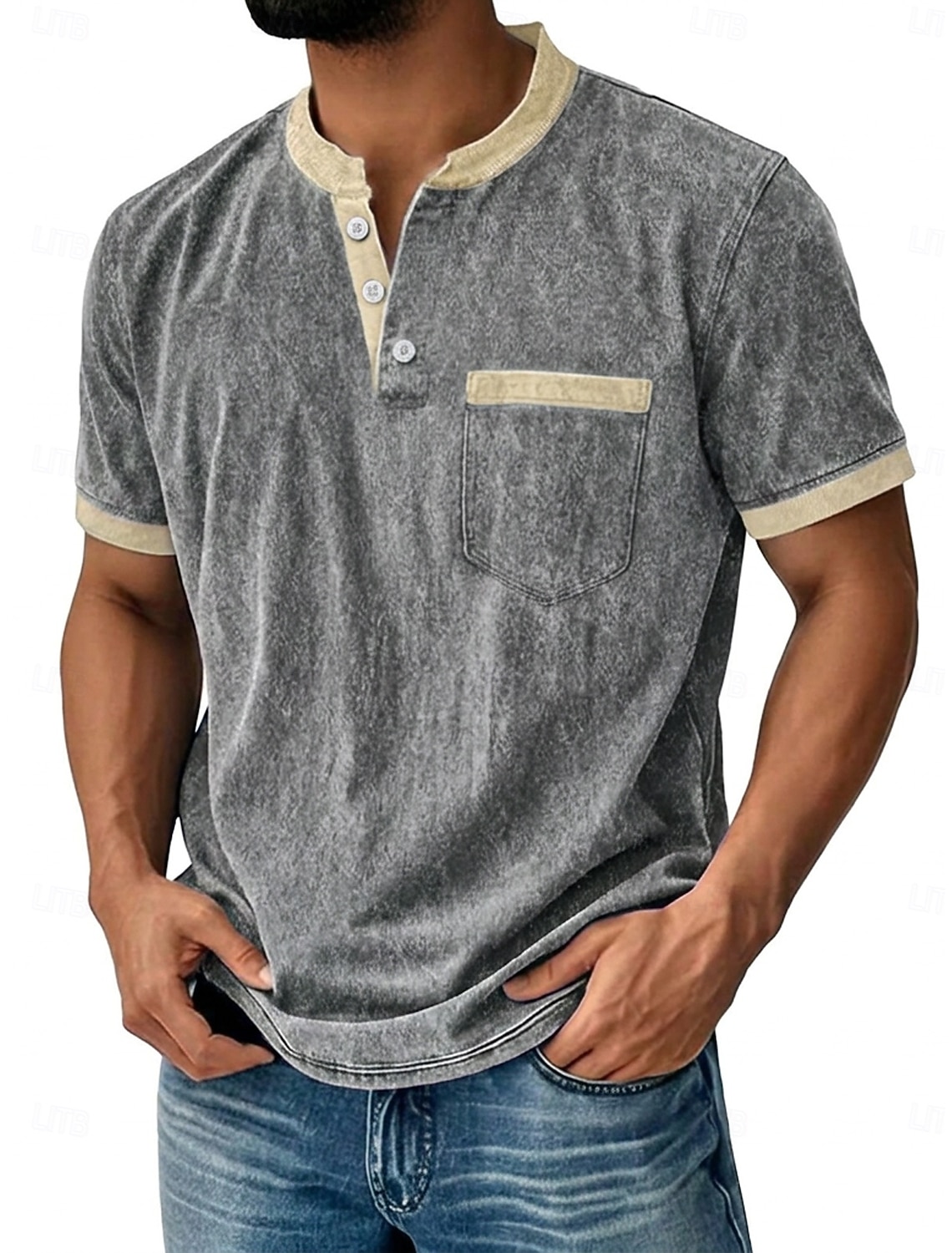 Men's Henley Shirt 100% Cotton Acid Wash Shirt T shirt Tee Short Sleeve Solid Retro Vintage Casual Vintage Style Color Block Washed Henley Casual Spring & Summer Summer Spring Blue Black Navy Blue