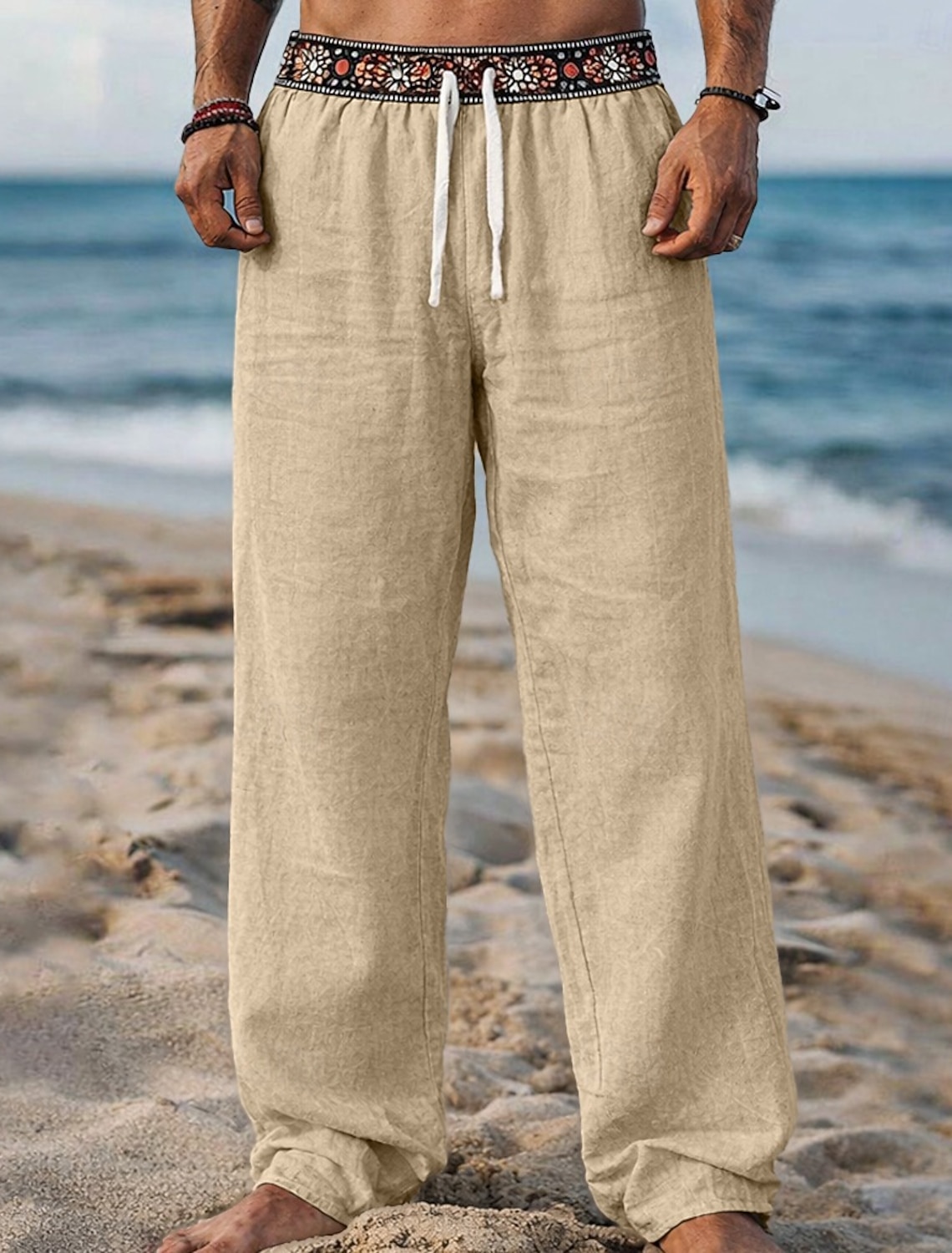 Men's Linen Pants Trousers Summer Beach Drawstring Patchwork Elastic