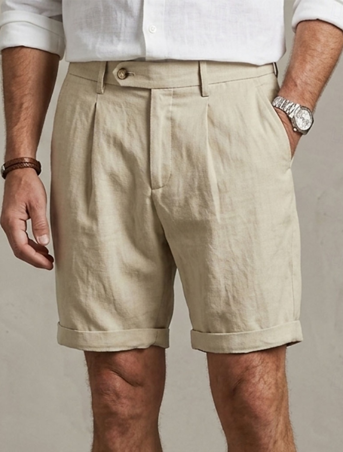 Men's Shorts Linen Shorts Dress Shorts Summer Shorts Buttons Solid Comfort Breathable Knee Length Casual Daily Outdoor Fashion Classic Style White Khaki Inelastic