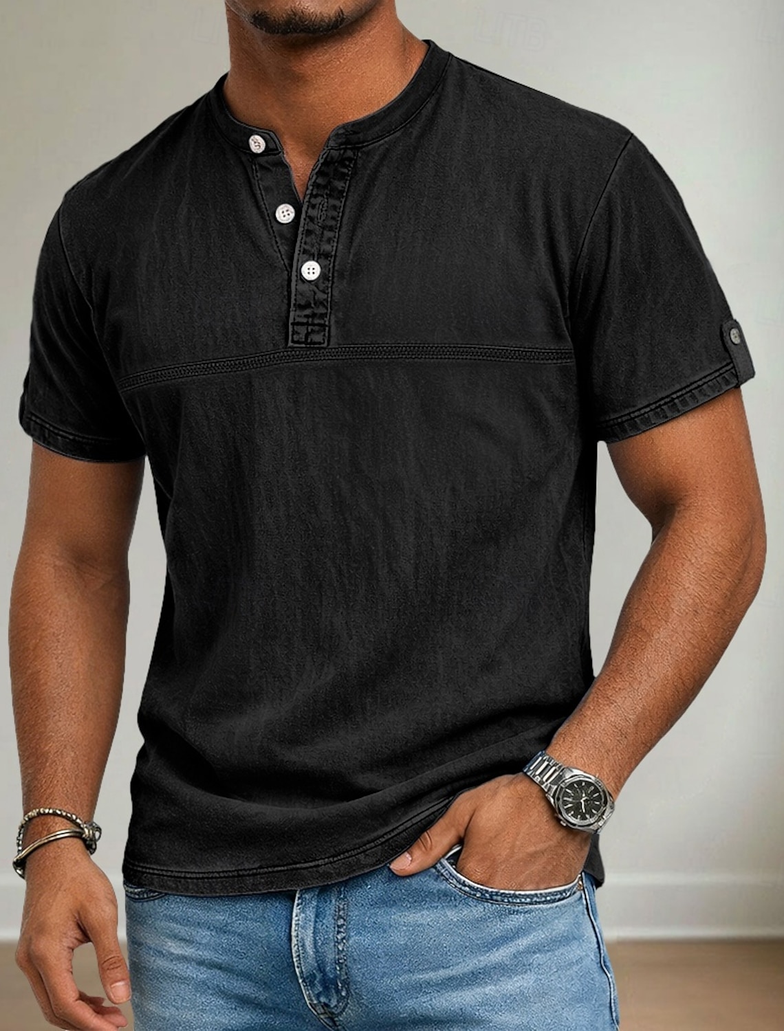 Men's Henley Shirt 100% Cotton Acid Wash Short Sleeve Summer Spring