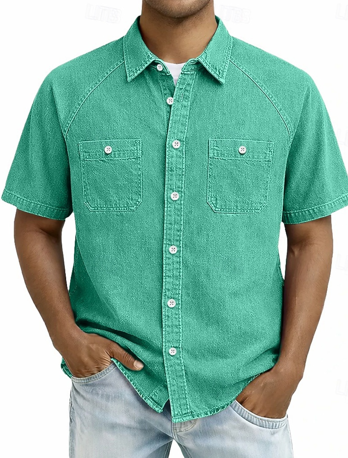 SoftFade™ Men's Shirt Casual Shirt Button Up Shirt Cotton Acid Wash Shirt Black Light Green Pink Purple khaki Short Sleeve Plain Grandad Collar Casual Daily Front Pocket Clothing