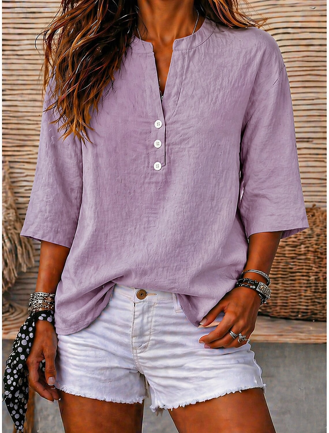 Women's T Shirt Henley Shirt Blouse Tee Elegant Daily Basic Fashion Half Sleeve V Neck Crop Tops Casual Daily Beach Khaki Black Pink Royal Blue Purple Summer Spring