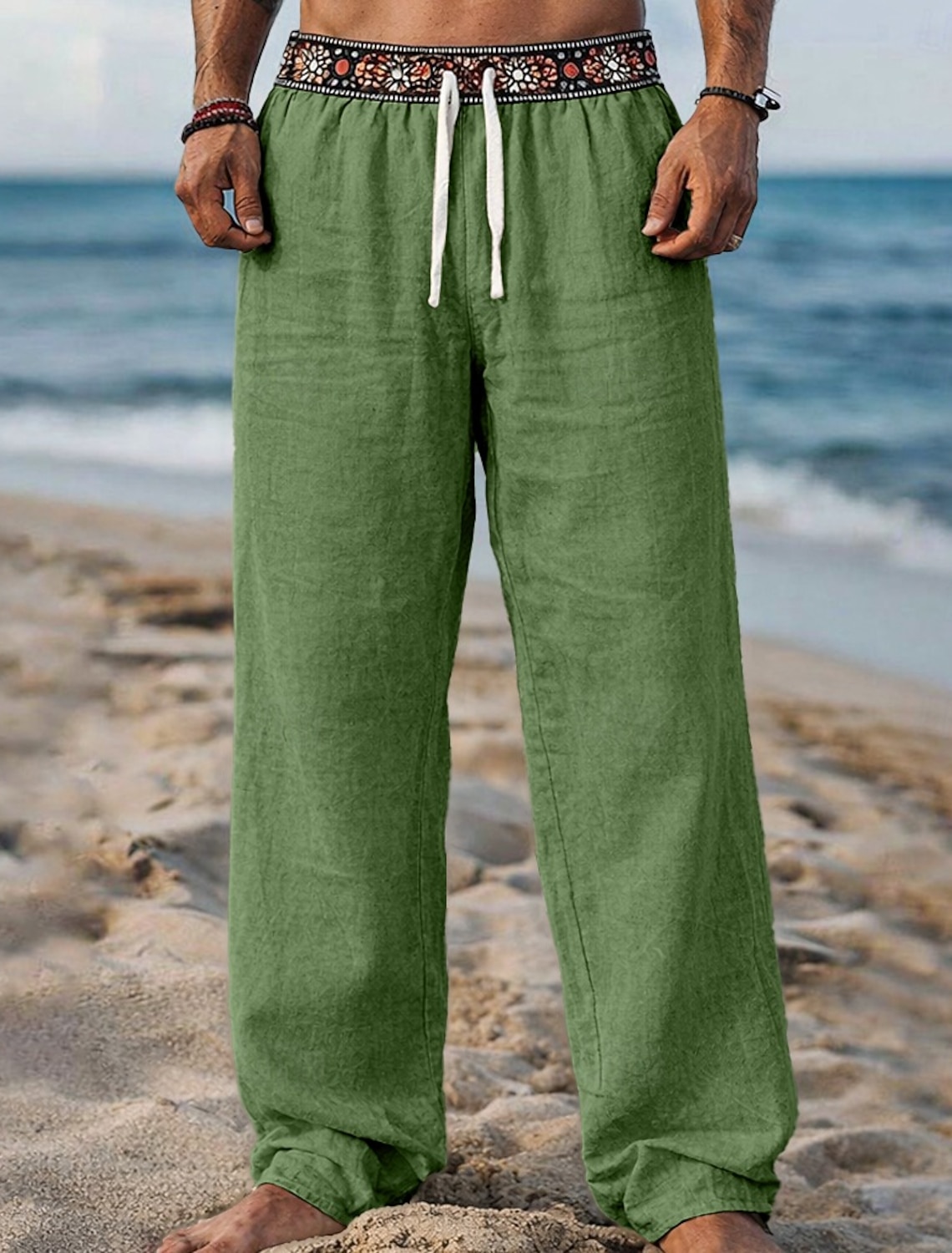 Men's Linen Pants Trousers Summer Beach Drawstring Patchwork Elastic