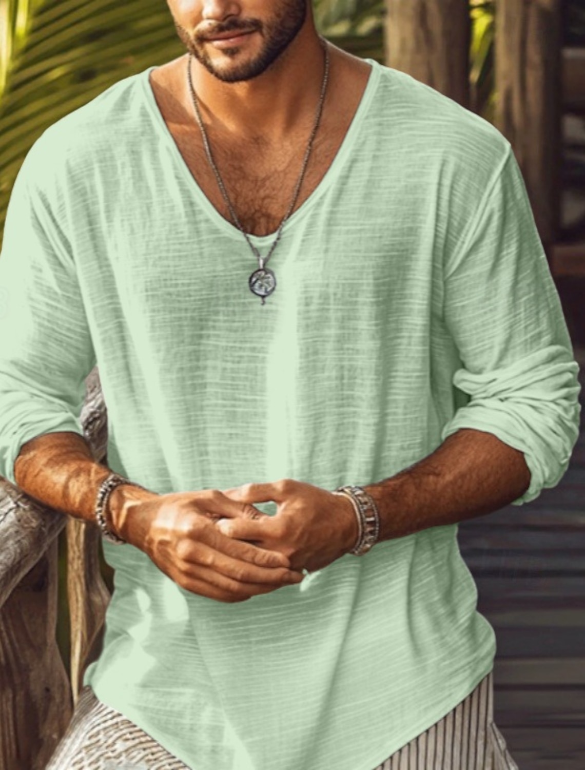 Men's Tee Top Linen-Like T-shirt Long Sleeve Crew Neck Summer Spring