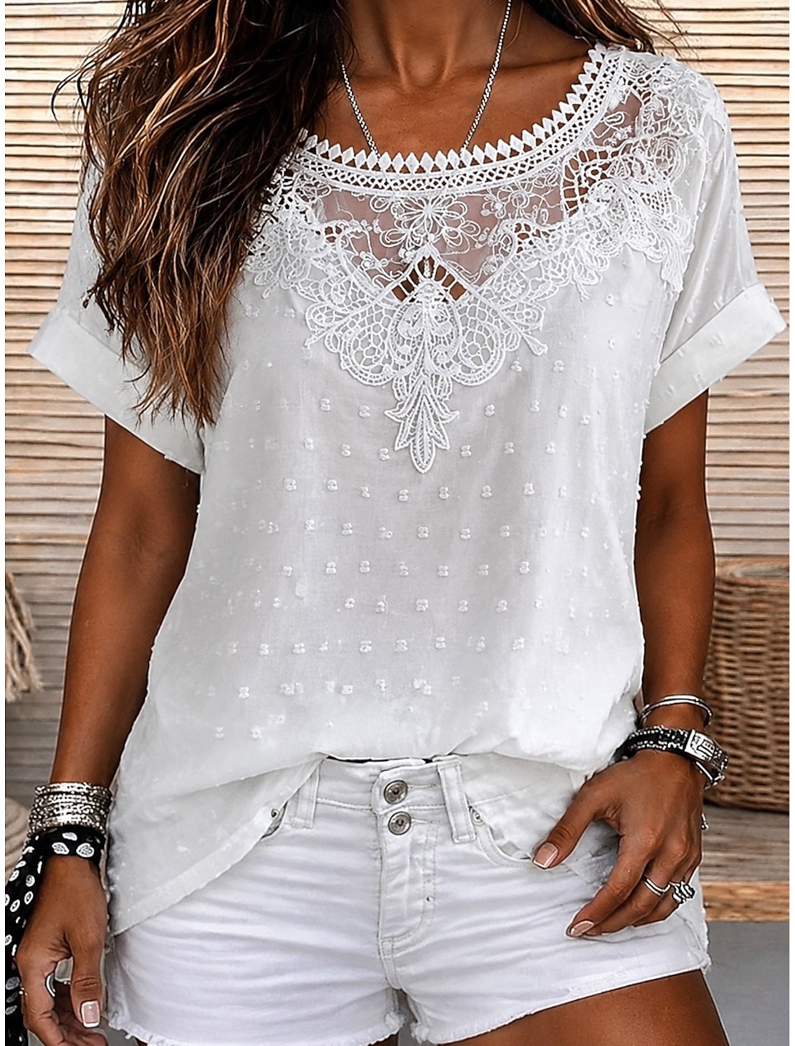 Women's Blouse Lace Solid Color Stylish Casual Short Sleeve V Neck Regular Tops Daily Blue Black White Orange Grey Summer Spring Fall