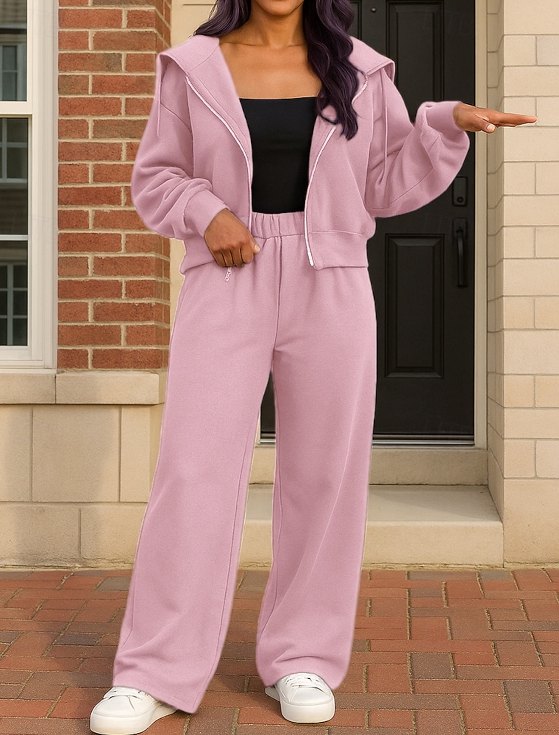 Women's Zip Up Hoodie Tight Top 2 Piece Tracksuit Baggy with Pocket Solid Colored Clothing Suit Fall Pink Purple Hiking Vocation Outdoor Long Sleeve Sport Activewear Micro-elastic Regular Fit