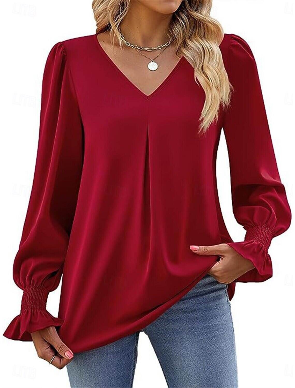 Women's Shirt Blouse Basic Casual Solid Color Regular Tops Long Sleeve V Neck Regular Fit Daily Fall Winter