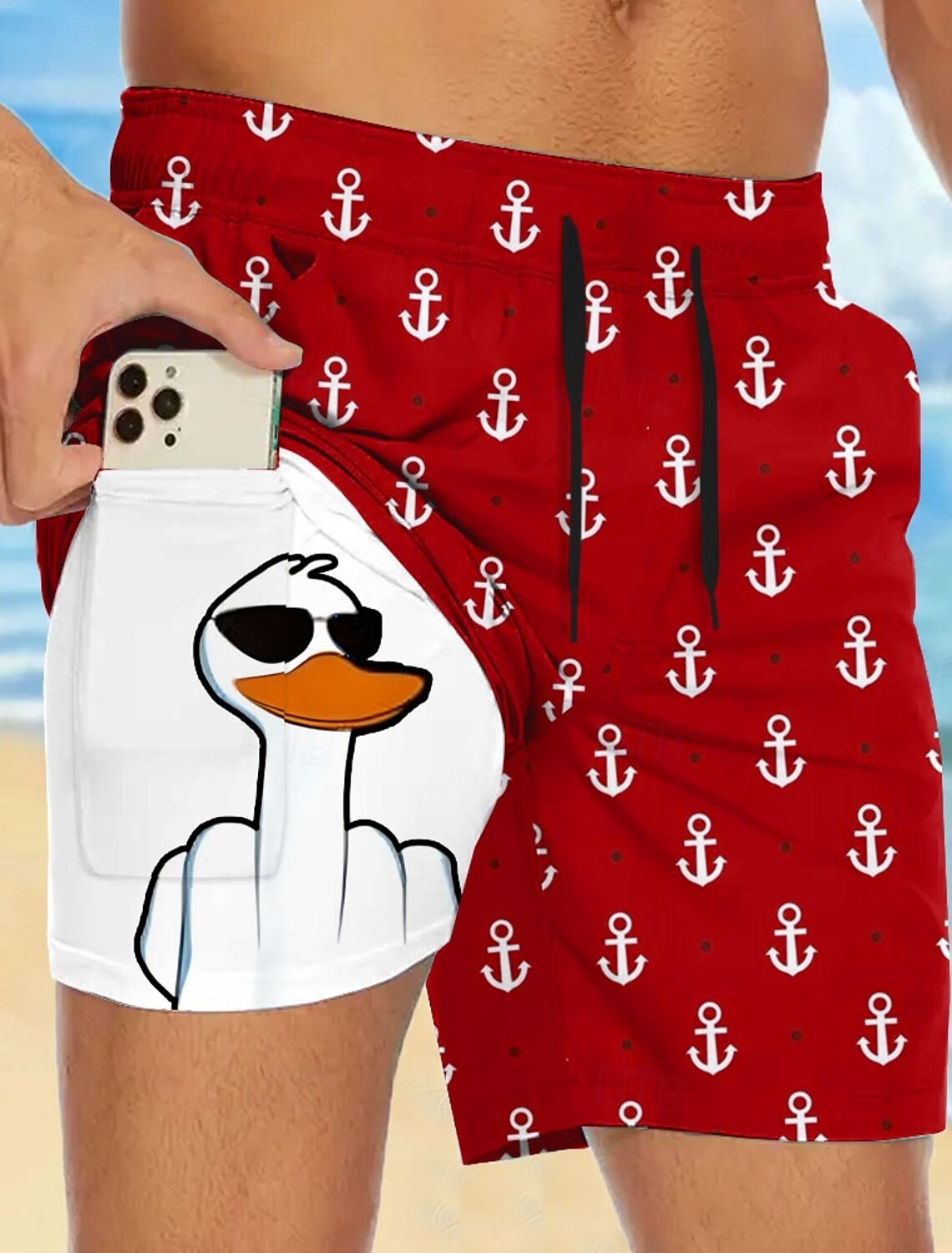 Men's Funny Duck Slang Lined Shorts 2 in 1 Board Swim Mid Waist