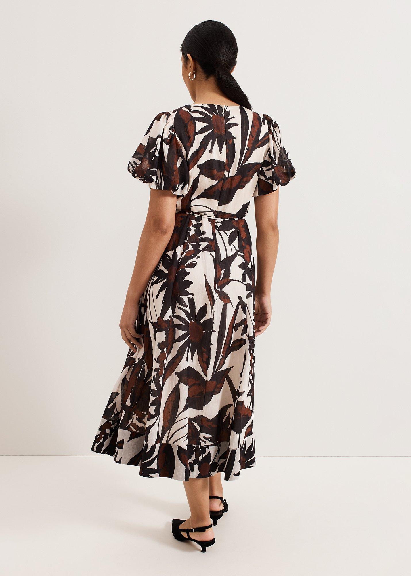 Petite Zarah Printed Puff Sleeve V Neck Midi Dress