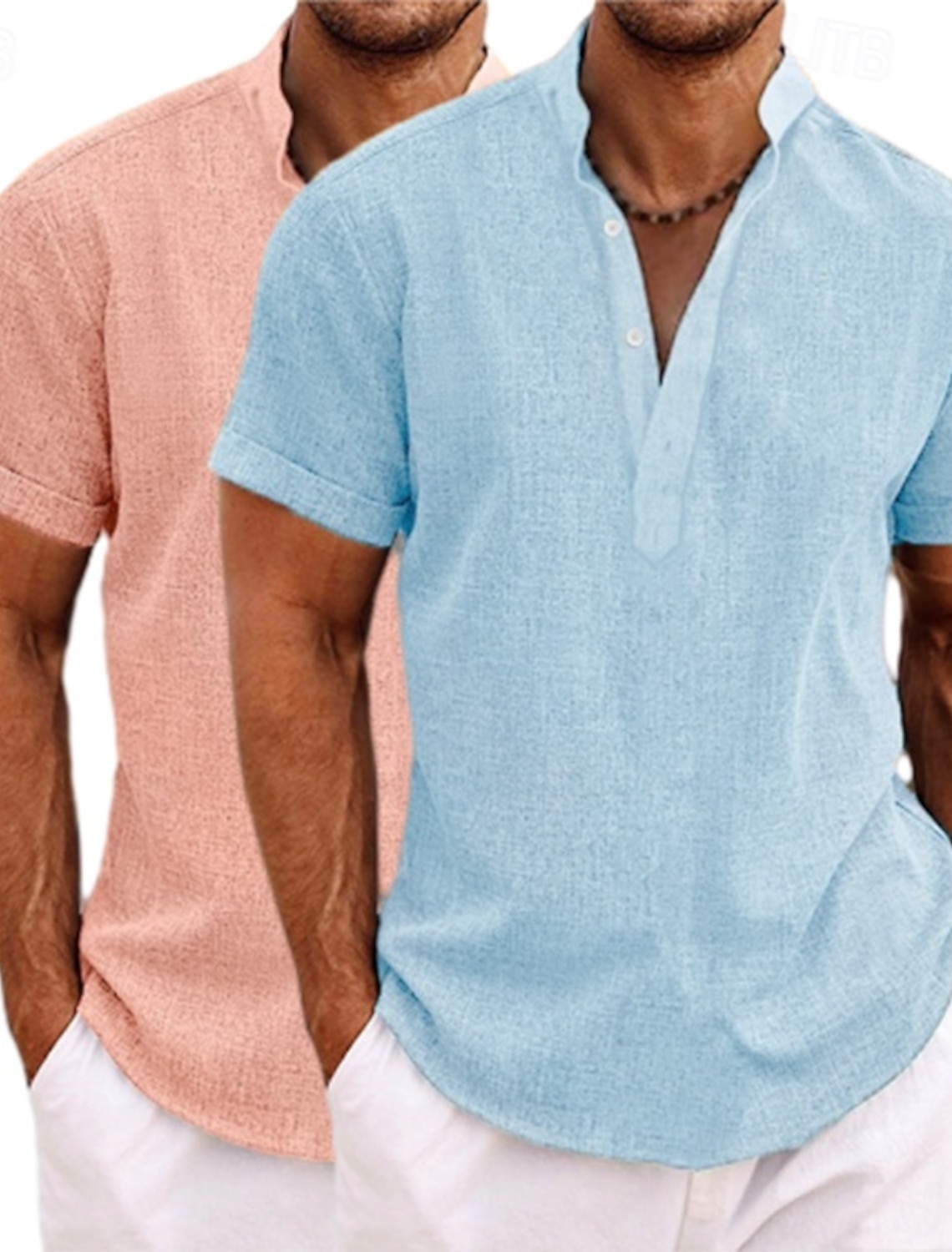 Men's Shirt Linen Shirt Popover Shirt Summer Shirt Beach Wear Band Collar Shirt Plain Vacation Casual Green+Gray White+Yellow White+Green White+Navy Blue Short Sleeve Henley Summer Clothing Apparel