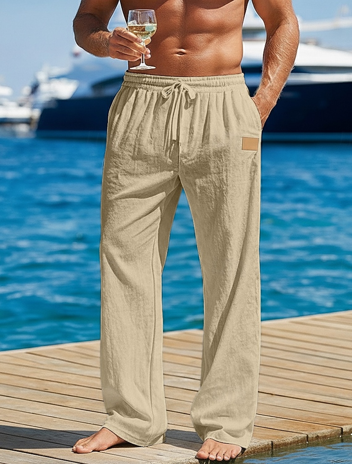Men's Linen Pants Trousers Summer Pants Baggy Pants Beach Pants Drawstring Elastic Waist Straight Leg Solid Color Plain Comfort Comfortable Full Length Outdoor Beach Holiday Vacation Fashion Black