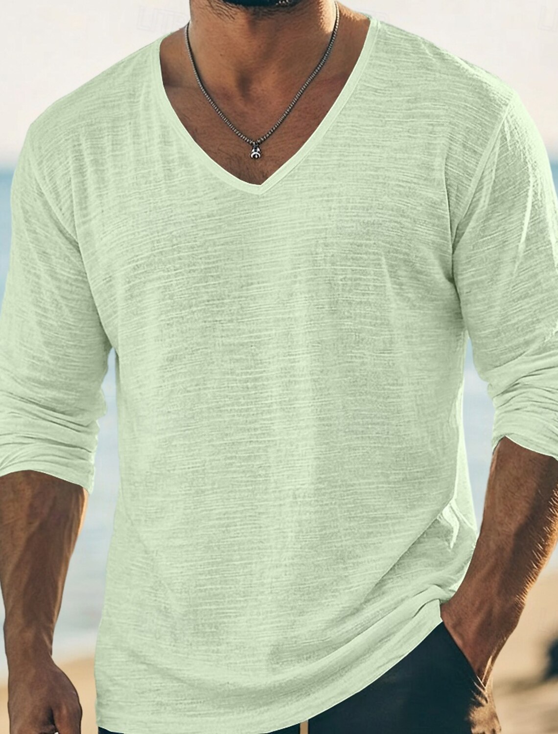 Men's Tee Top Linen T-Shirt Long Sleeve V Neck Summer Spring Solid