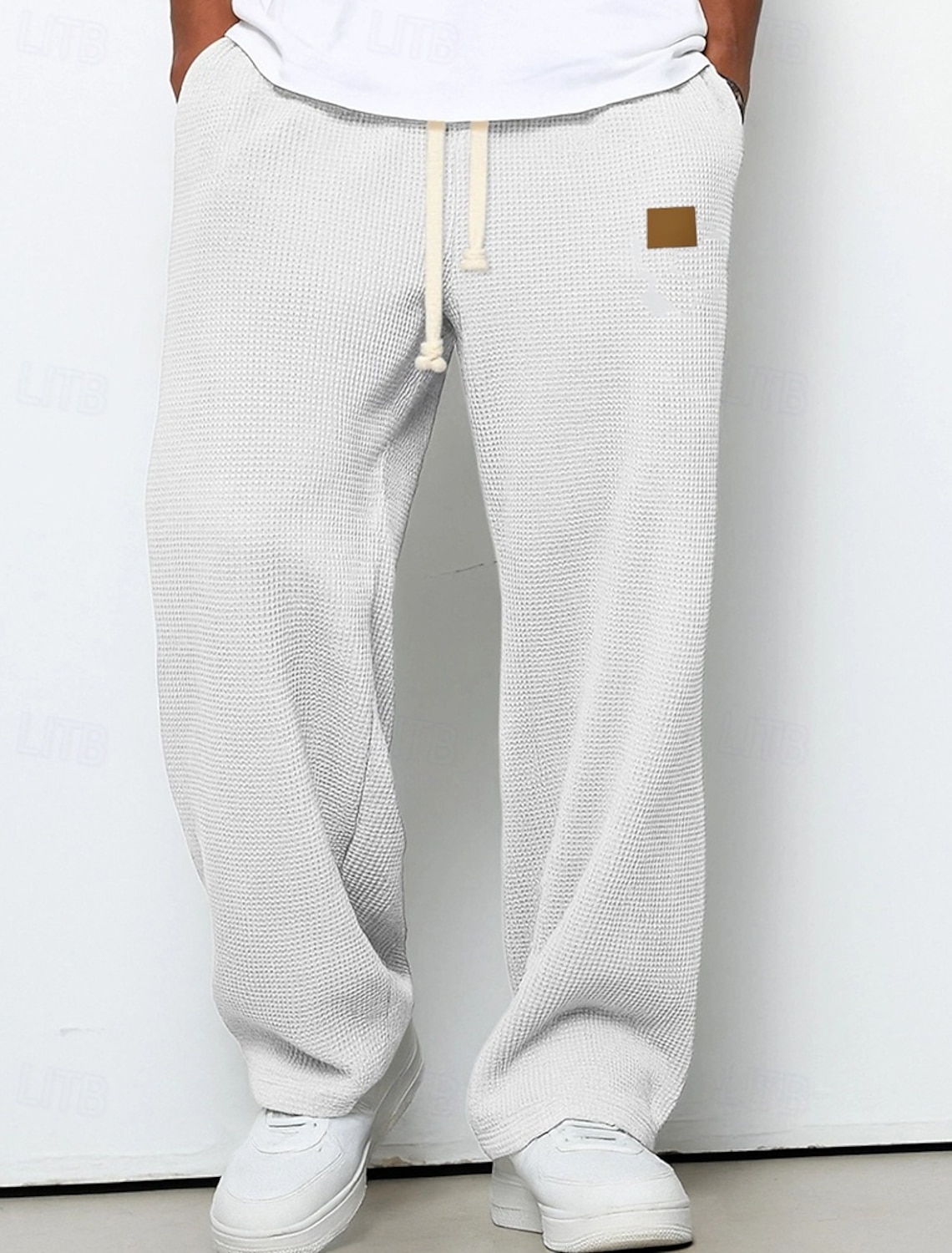 Men's Sweatpants Trousers Straight Leg Waffle Pants Drawstring Pocket