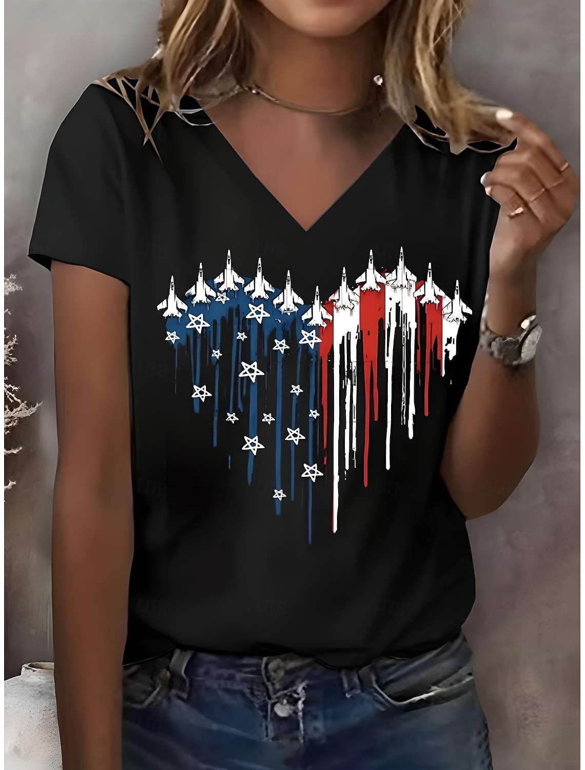 Independence Day Patriotic Women's T Shirt Graphic Flag Vintage Stylish Classic Short Sleeve V Neck Regular Tops Daily Print White Summer Spring