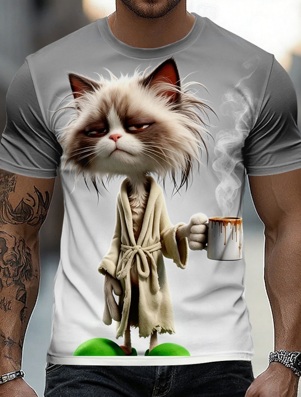 Men's Animal Cat T Shirt Short Sleeve T shirt 3D Print Crew Neck Shirt Funny Casual Daily Street Blue Army Green Gray Summer Spring Clothing Apparel S M L XL 2XL 3XL