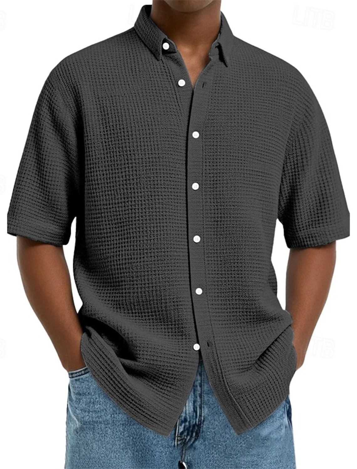 Men's Shirt Waffle Texture Casual Button Up Black White Wine Navy B #1