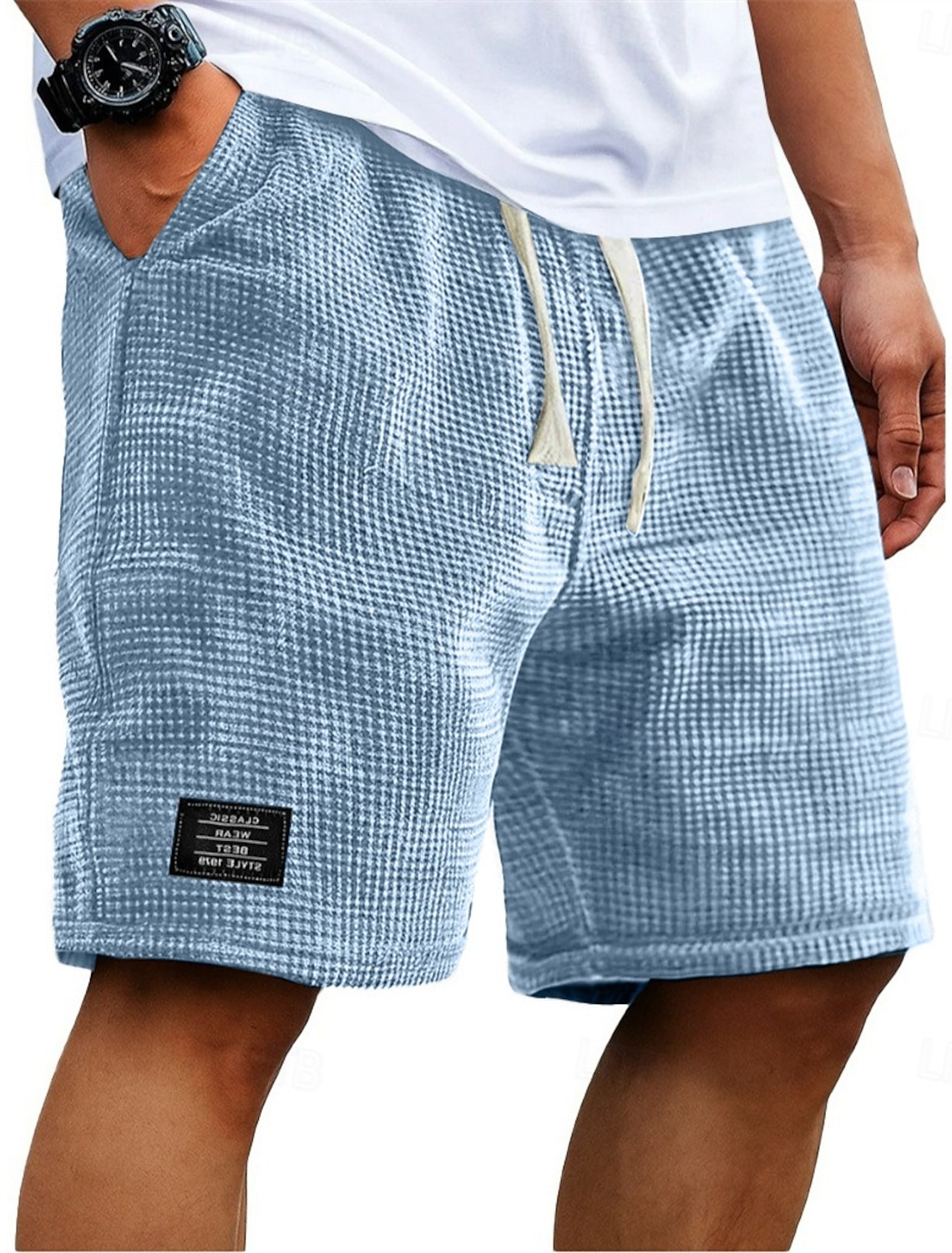 Men's Waffle Shorts Summer Shorts Beach Shorts Casual Shorts Drawstring Elastic Waist Solid Color Comfort Knee Length Daily Outdoor Streetwear Vacation Fashion White Navy Blue Micro-elastic