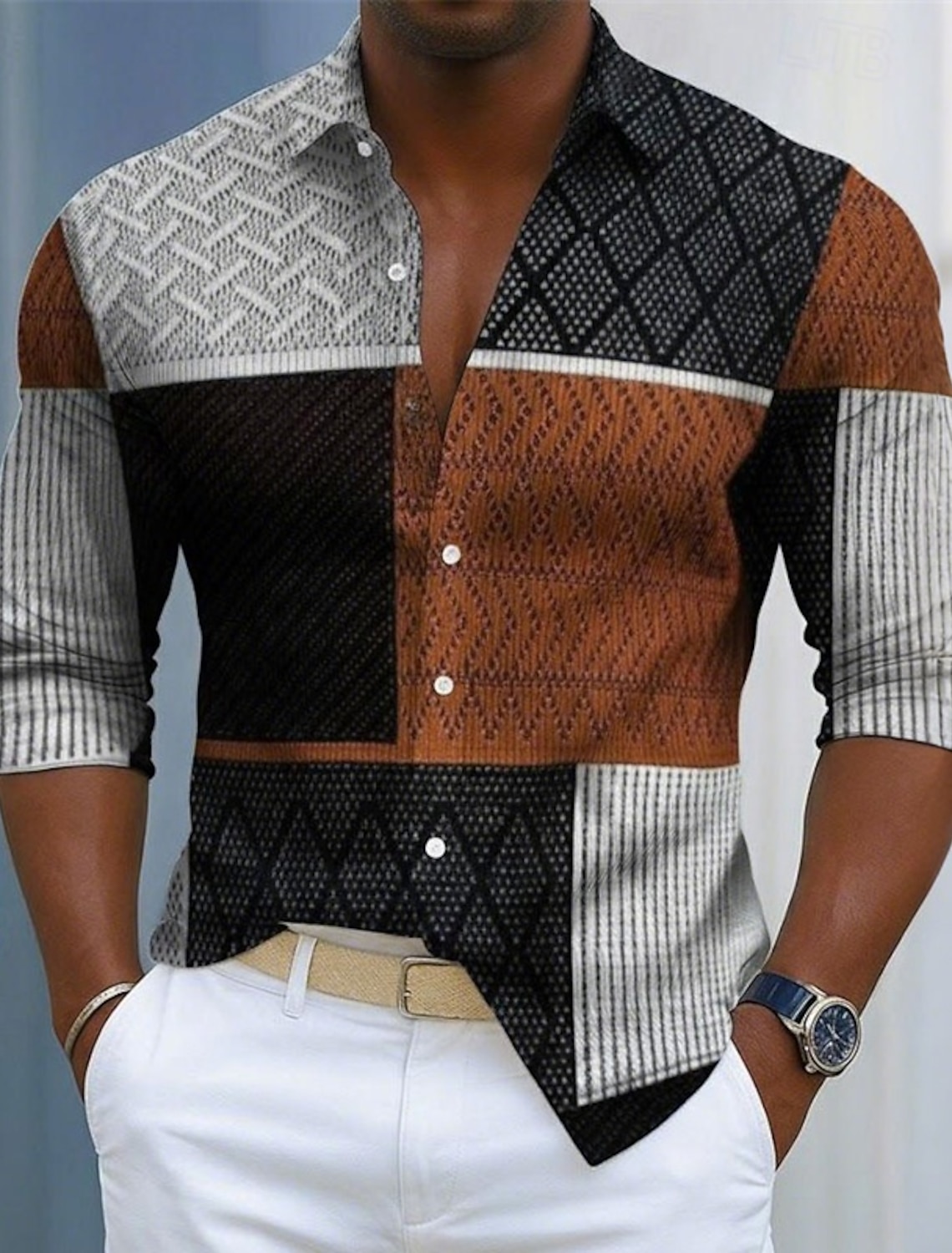 Men's Color Block Shirt Casual Button Up Long Sleeve Hawaiian Beach