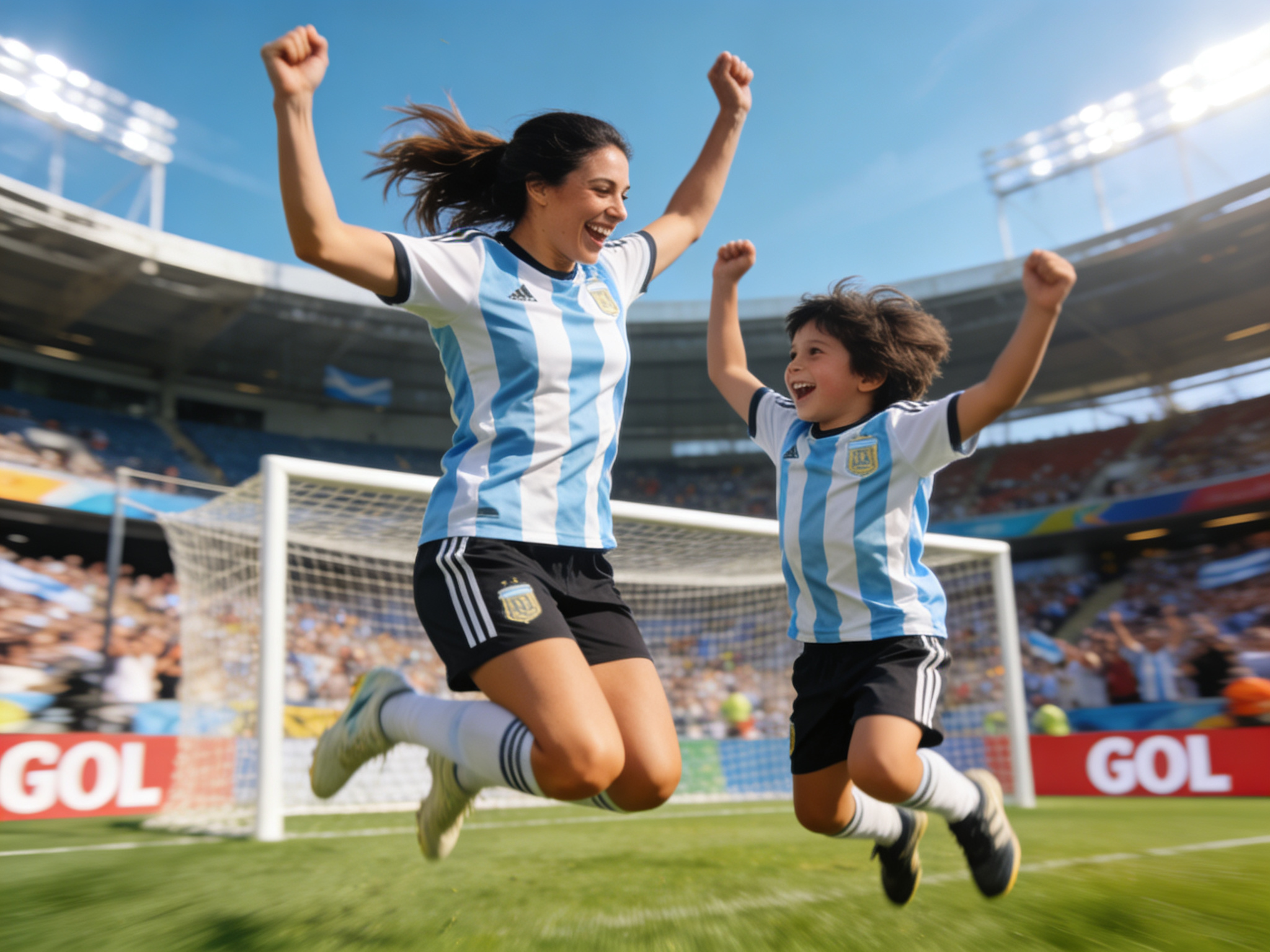 A dynamic shot of a woman and child, dressed in matching Argentina style jerseys, celebrating a goal.