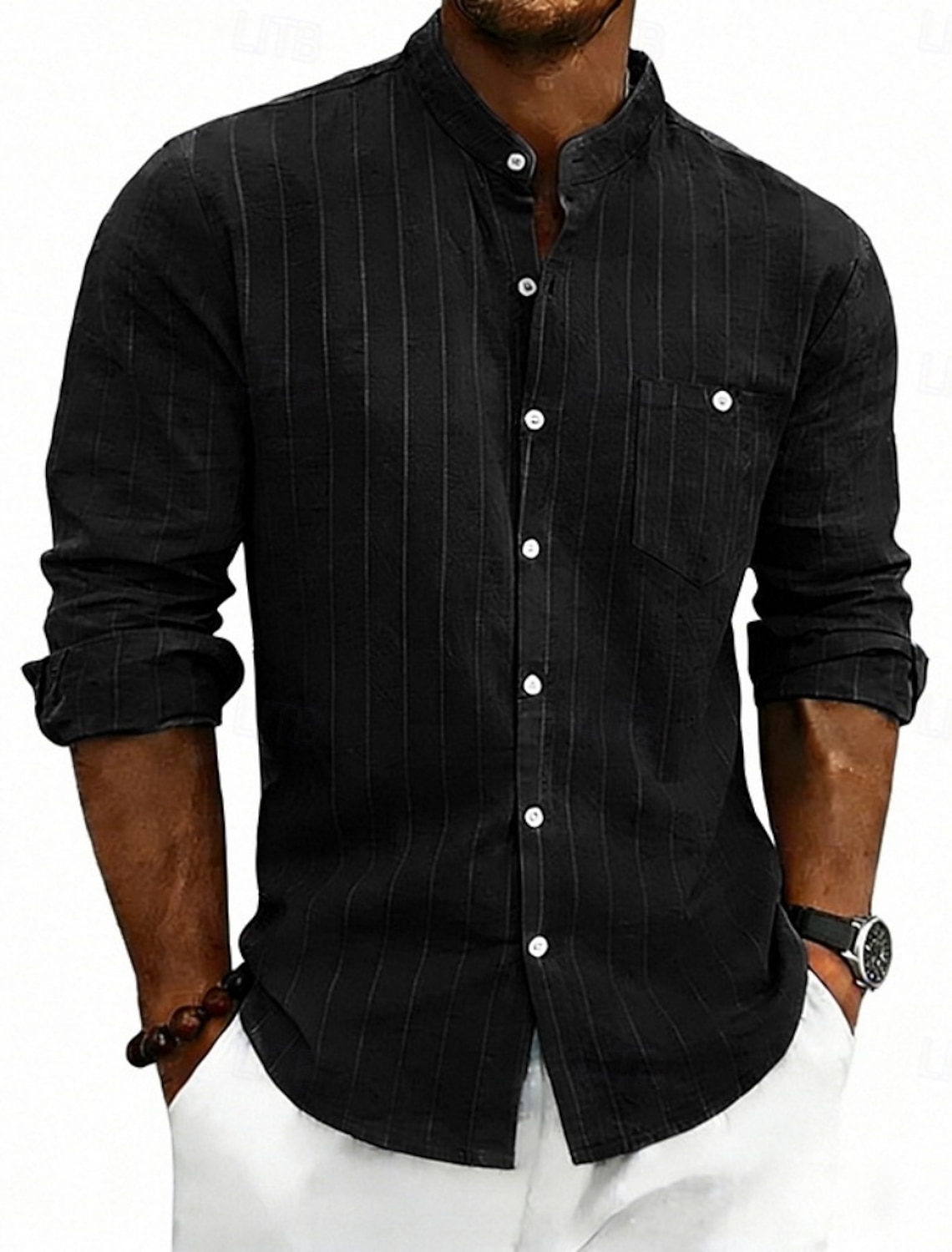Men's Shirt Linen Shirt Summer Shirt Beach Shirt Stripe Casual Vacation Blue Black White Khaki Long Sleeve Mandarin Collar Summer Spring Clothing Apparel Pocket