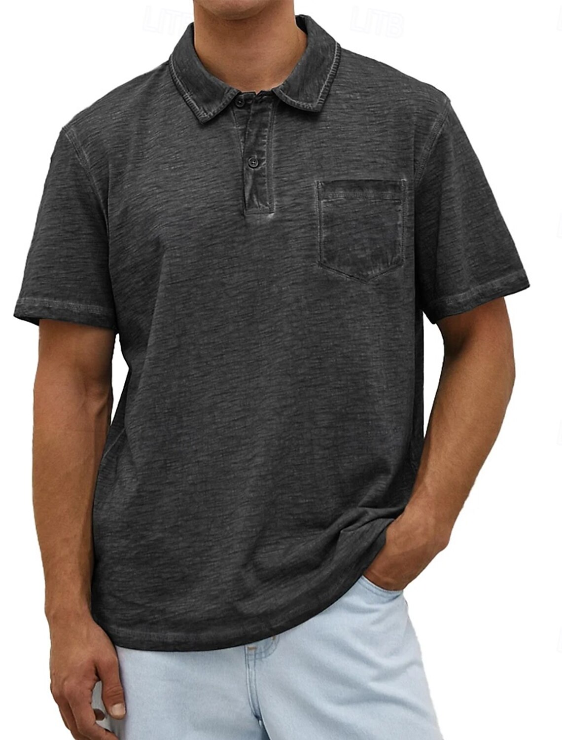 Men's Polo Shirts 100% Cotton Acid Wash Shirt Casual Holiday Lapel