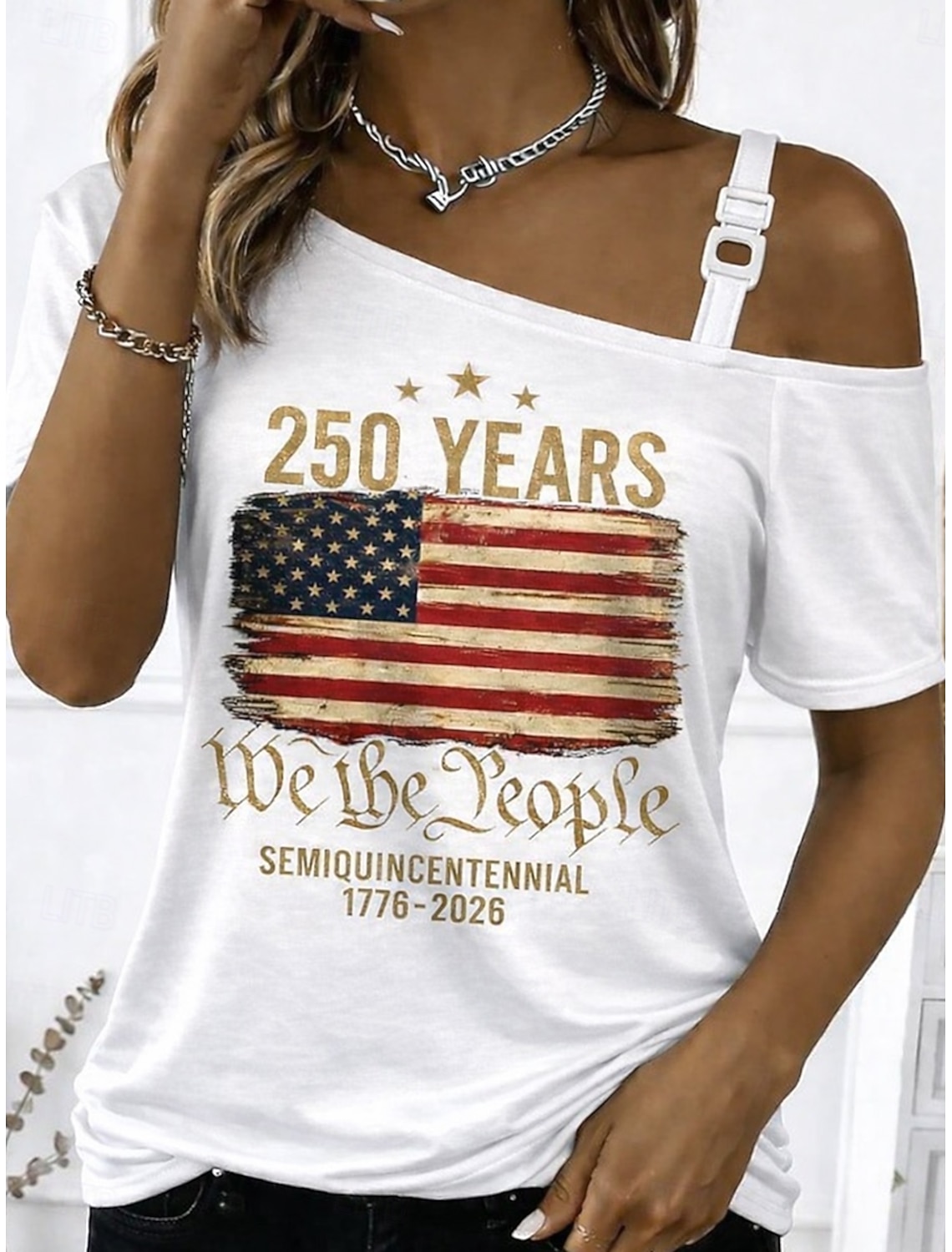 Independence Day American Anniversary Patriotic Women's T Shirt Print Asymmetrical Graphic Flag American Flag Vintage Fashion Stylish Short Sleeve One Shoulder Regular Tops Daily