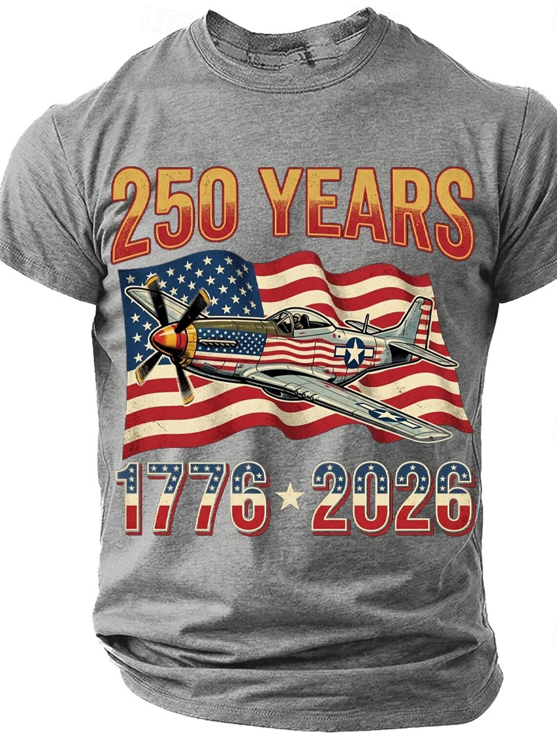 250th Anniversary July 4th 2026 Men's 250 Years 1776-2026 P-51 Mustang Fighter Plane Graphic T Shirt Short Sleeve Crew Neck Patriotic USA Flag Aviation Veteran Gift Designer Clothing Apparel